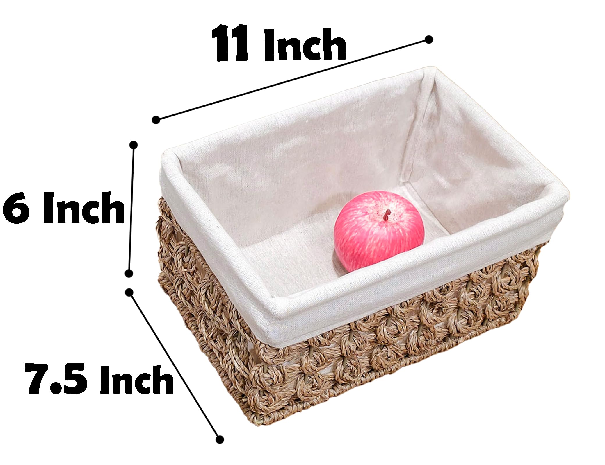 Ellinia Woven Seagrass Storage Basket Set of 3 - Natural Rectangular Wicker Bins with Liner & Built-in Handles for Countertop, Shelf & Home Organization | Perfect for Bathroom, Living Room & Bedroom Storage