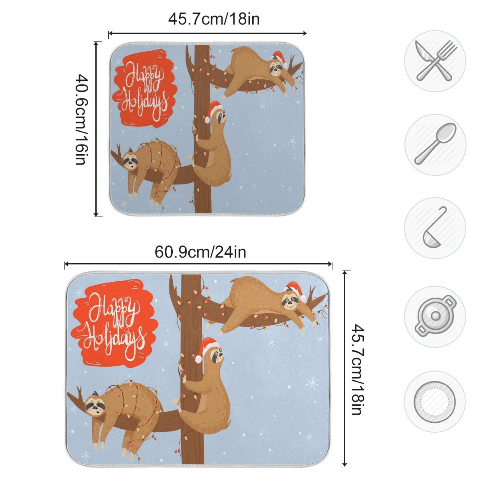 Sloth-Themed Christmas Kitchen Dish Drying Mat - Super Absorbent 18x24 Inch Countertop Drainer Pad for Holiday Decor & Easy Cleaning | Perfect for Winter Kitchen Decor, Gift Giving & Dish Drying