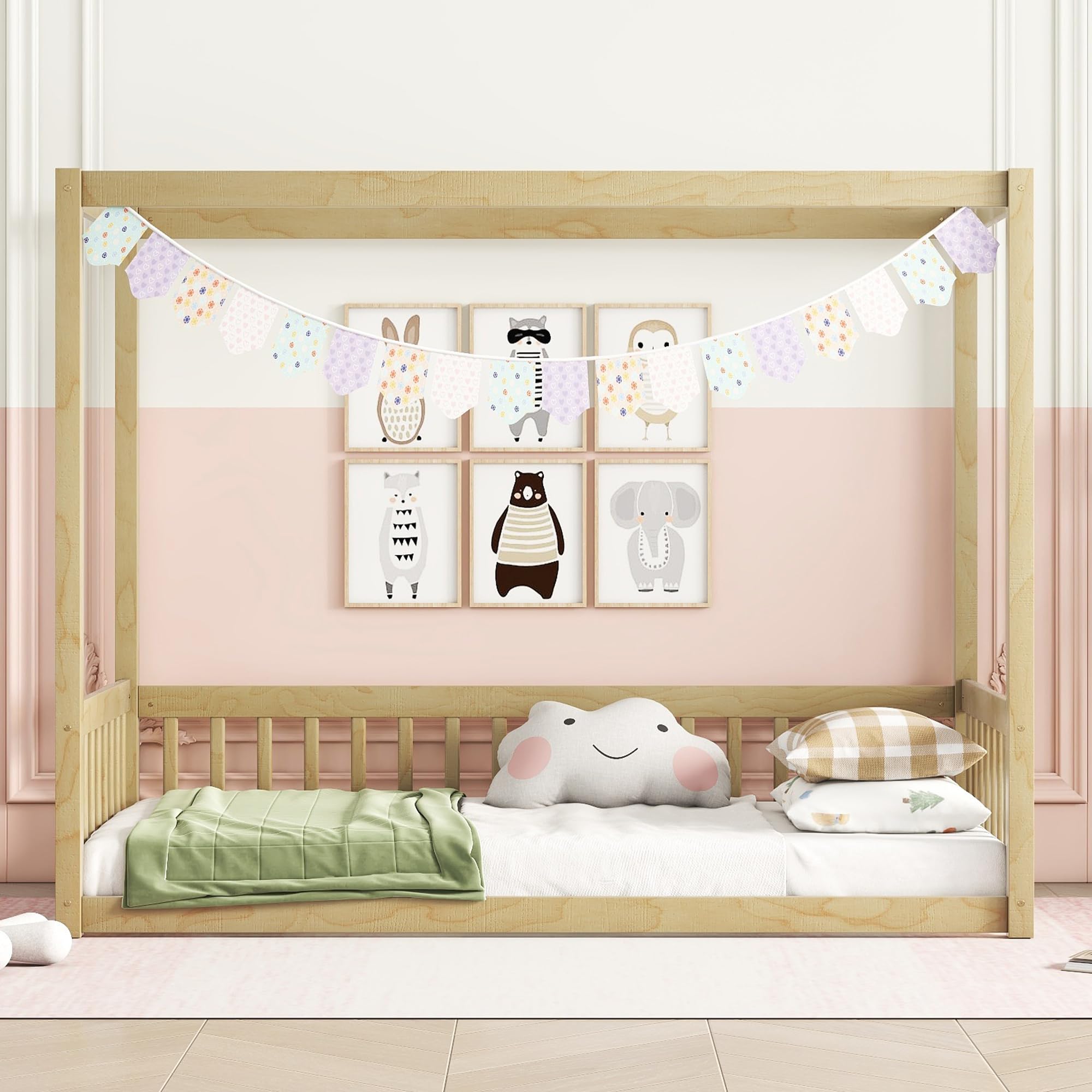 Twin Size Wood Canopy Bed Frame with Safety Fence for Kids - Sturdy Four Poster Platform Bed for Boys & Girls (Natural Finish) - Perfect for Nursery, Bedroom, Playroom & Sleepovers