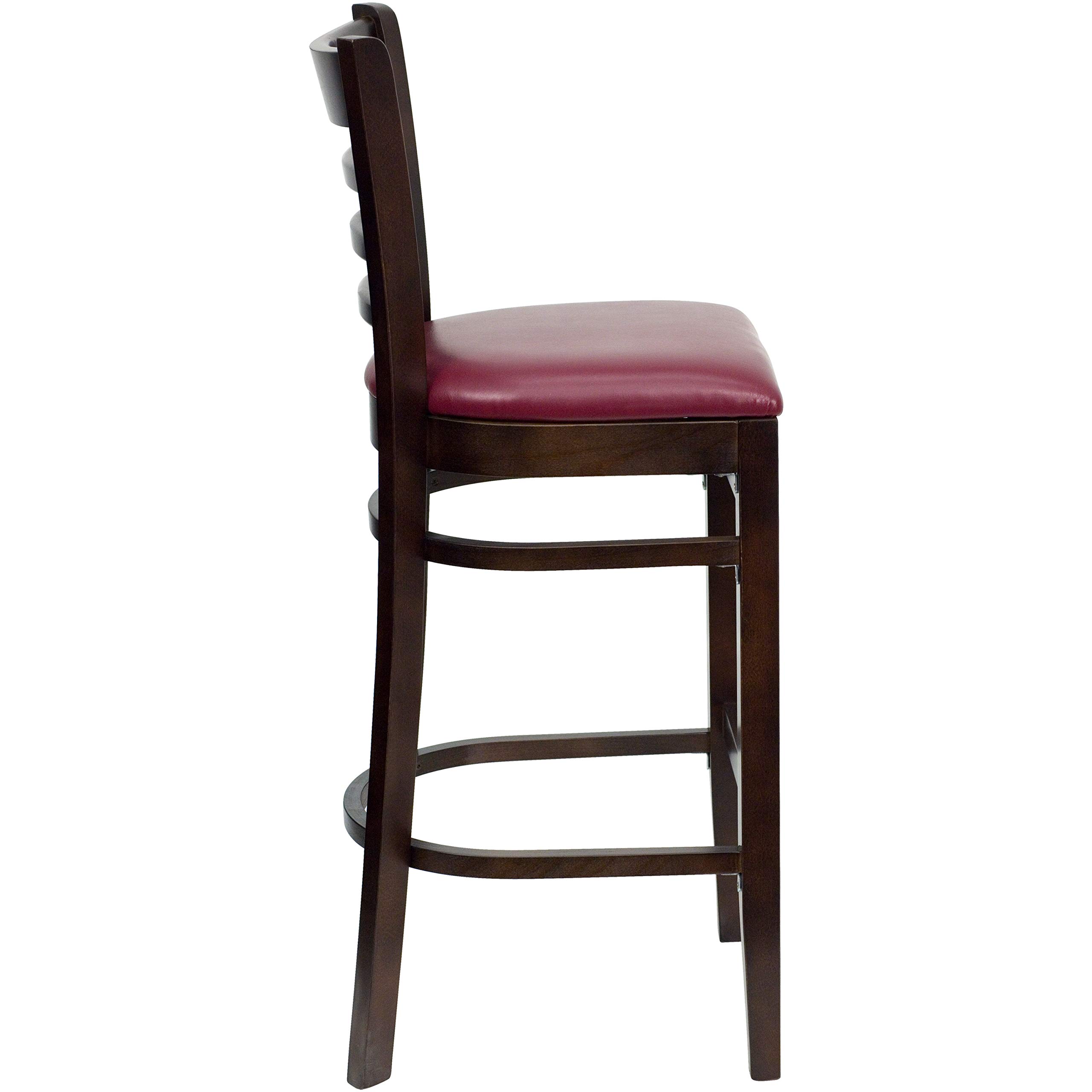 2 Pack Walnut Wood Bar Stools with Burgundy Vinyl Upholstered Seats - Rustic Ladder Back Design for Kitchen Island, Breakfast Bar & Restaurant Counter Stools - Durable & Comfortable Dining Chairs