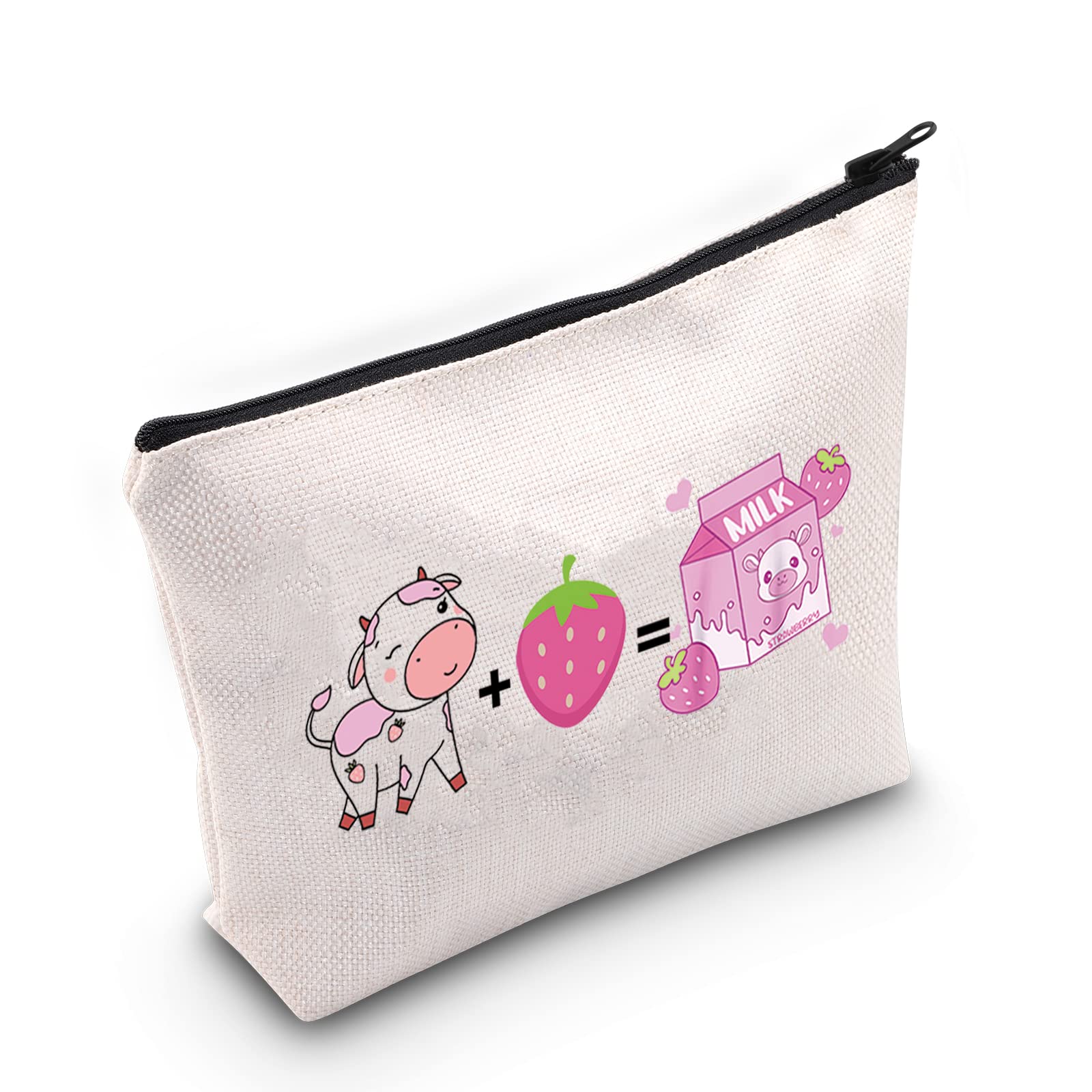 Cute Cow Print Makeup Bag | Strawberry Milk Cosmetic Pouch | Travel Toiletry Organizer for Women | Perfect Gift for Cow & Strawberry Lovers | Ideal for Travel, Gym & Daily Makeup Storage