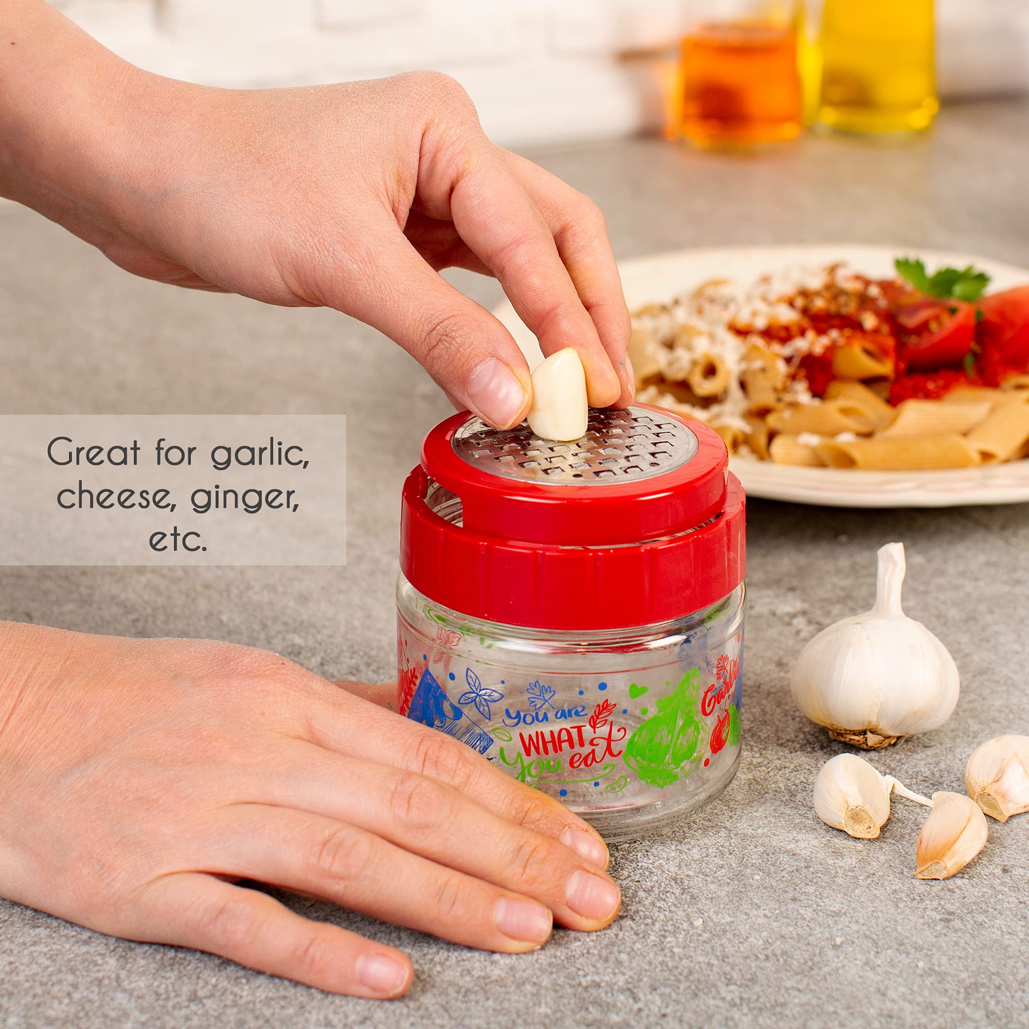 Premium Stainless Steel Cheese Grater with Glass Storage Container - Fine Shredder for Parmesan, Ginger, Garlic, Vegetables & Nutmeg - Lead-Free Kitchen Grinder for Cooking, Baking & Meal Prep (Red)