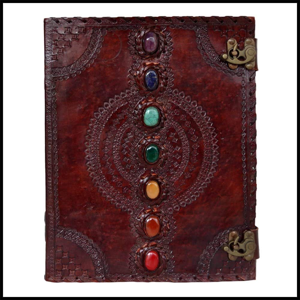 Tuzech Leather Journal Set - Handmade 2-Pack Medieval Stone Embossed Notebook with Seven Chakra Design | 10x13 Inch Brown Book of Shadows, Poetry & Sketch Book | Perfect for Wiccan Rituals, College Note-Taking & Office Diary