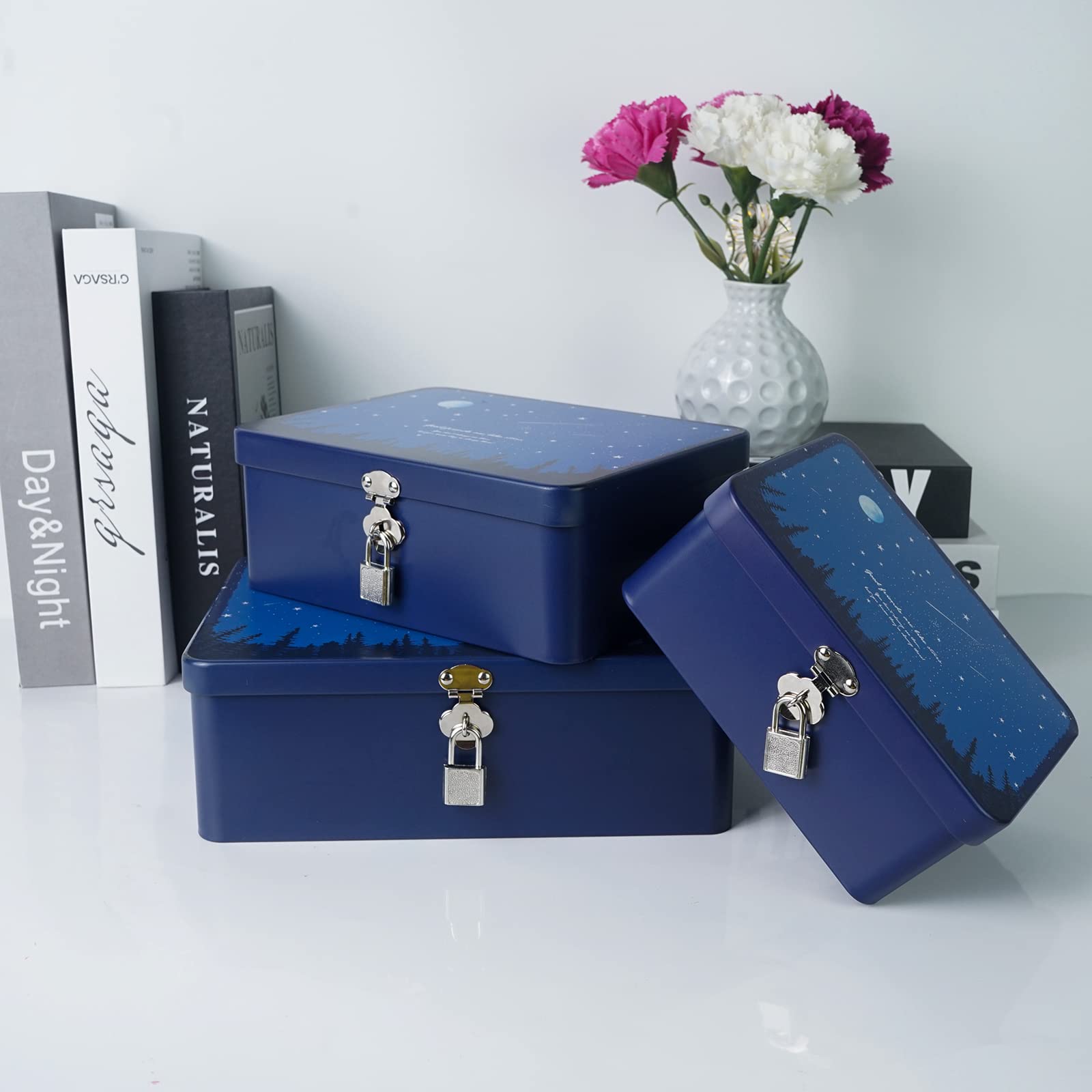Luwint Decorative Metal Storage Box Set of 3 (Large, Medium, Small) - Hinged Lockable Tin Containers with Night Sky Pattern, Perfect for Home Office Organization & Unique Gift for Friends, Parents, Mother's Day, Father's Day - Ideal for Jewelry, Keepsakes, Stationery & Craft Supplies Storage