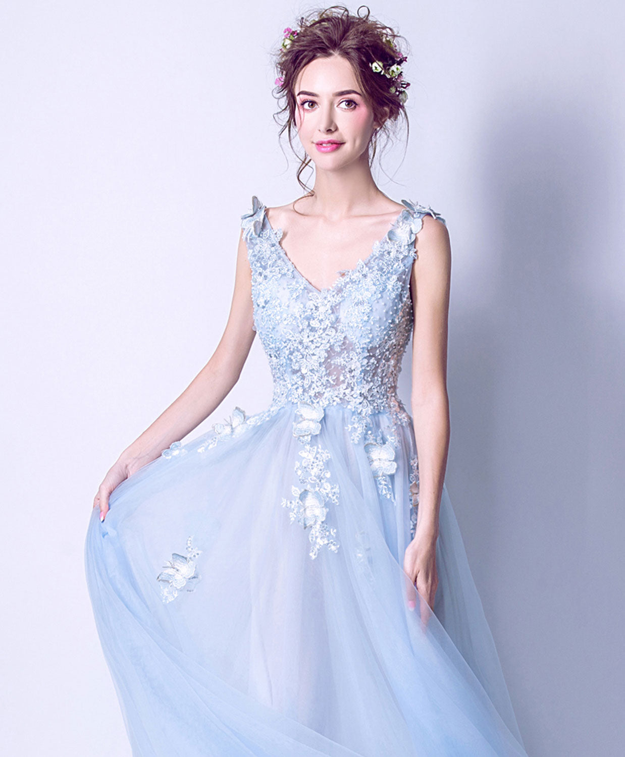 Elegant Blue V-Neck Lace Tulle Long Prom Dress for Women - Formal Evening Gown for Homecoming, Wedding Guest & Special Occasions