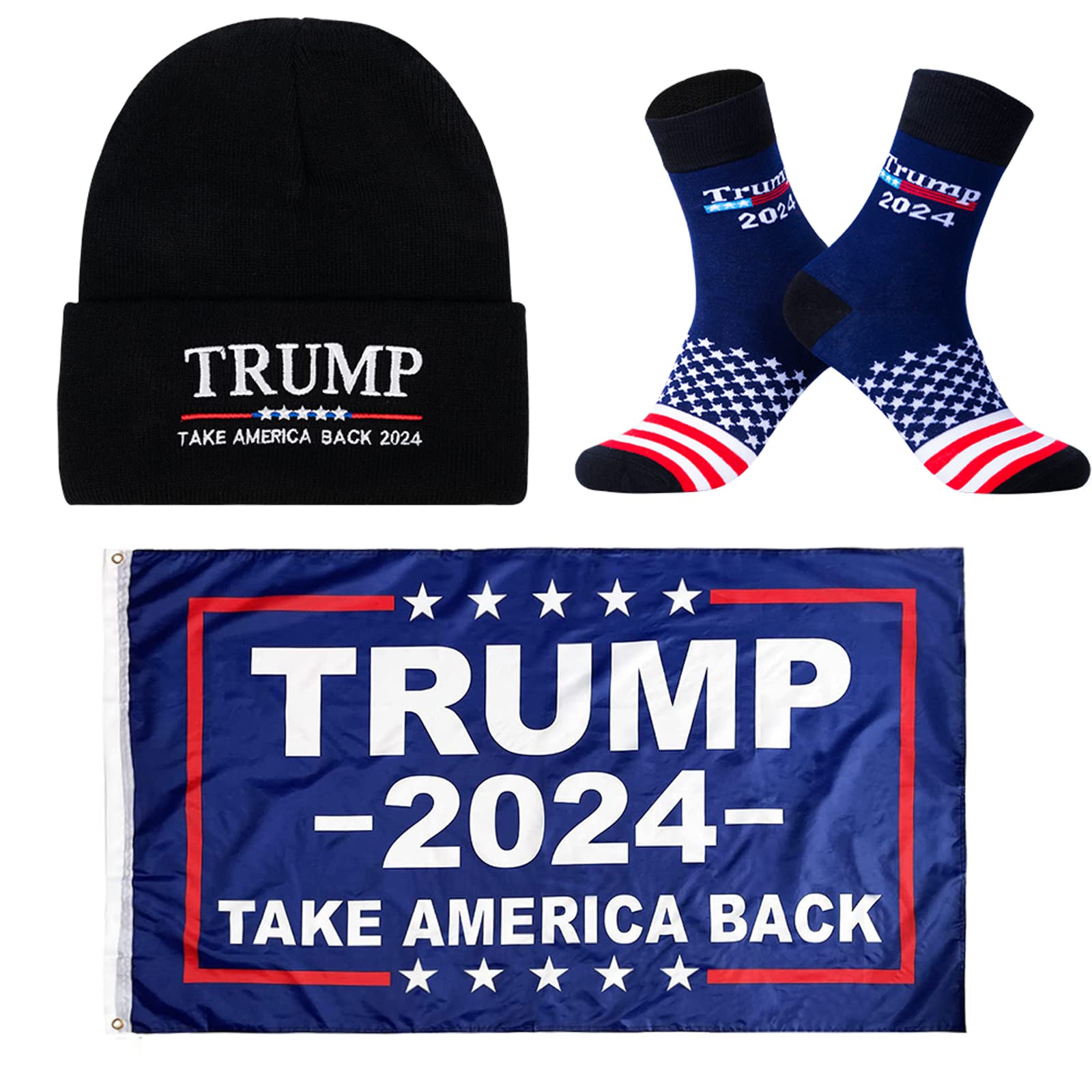 Trump 2024 Flag 3X5 Feet - Patriotic Beanie Hat & Novelty Socks Gift Set for Men, Women, Dad & Grandpa - Perfect for Political Rallies, Election Parties & Conservative Events