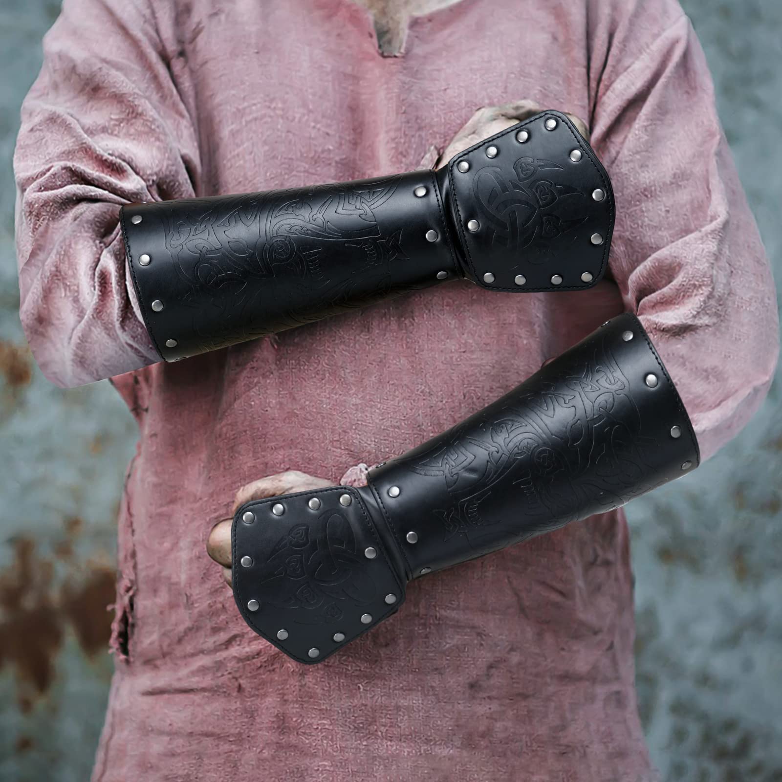 JAOYU Medieval Leather Bracer Set - 2PCS Viking Armor Vambrace Wrist Guards for LARP, Cosplay & Renaissance Faires - Premium Leather Gauntlets for Historical Reenactment & Fantasy Costumes