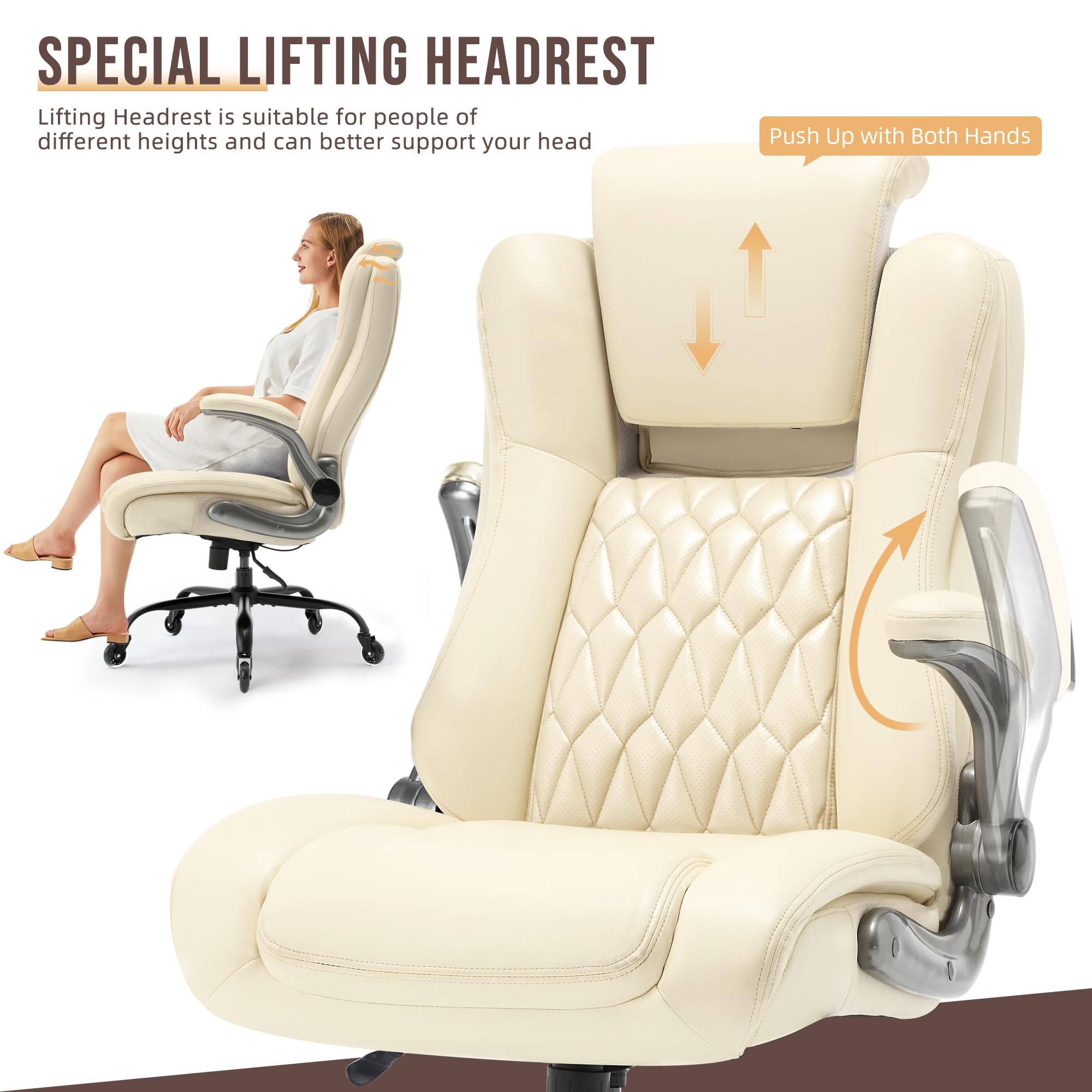 Ergonomic High Back Office Chair with Flip-Up Armrests & Adjustable Lumbar Support - Executive Desk Chair with Lift Headrest & Sturdy Metal Base for Home Office, Gaming & Workspace Comfort