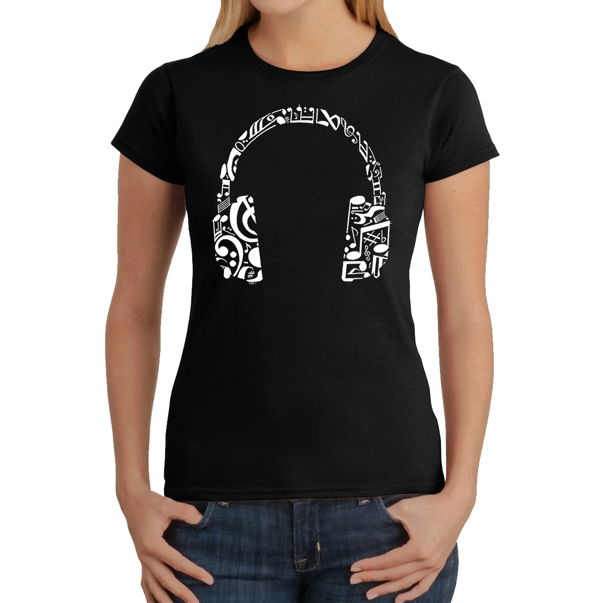 LA POP ART Women's Word Art Graphic T-Shirt with Music Note & Headphones Design - Trendy Casual Tee for Concerts, Music Festivals & Streetwear