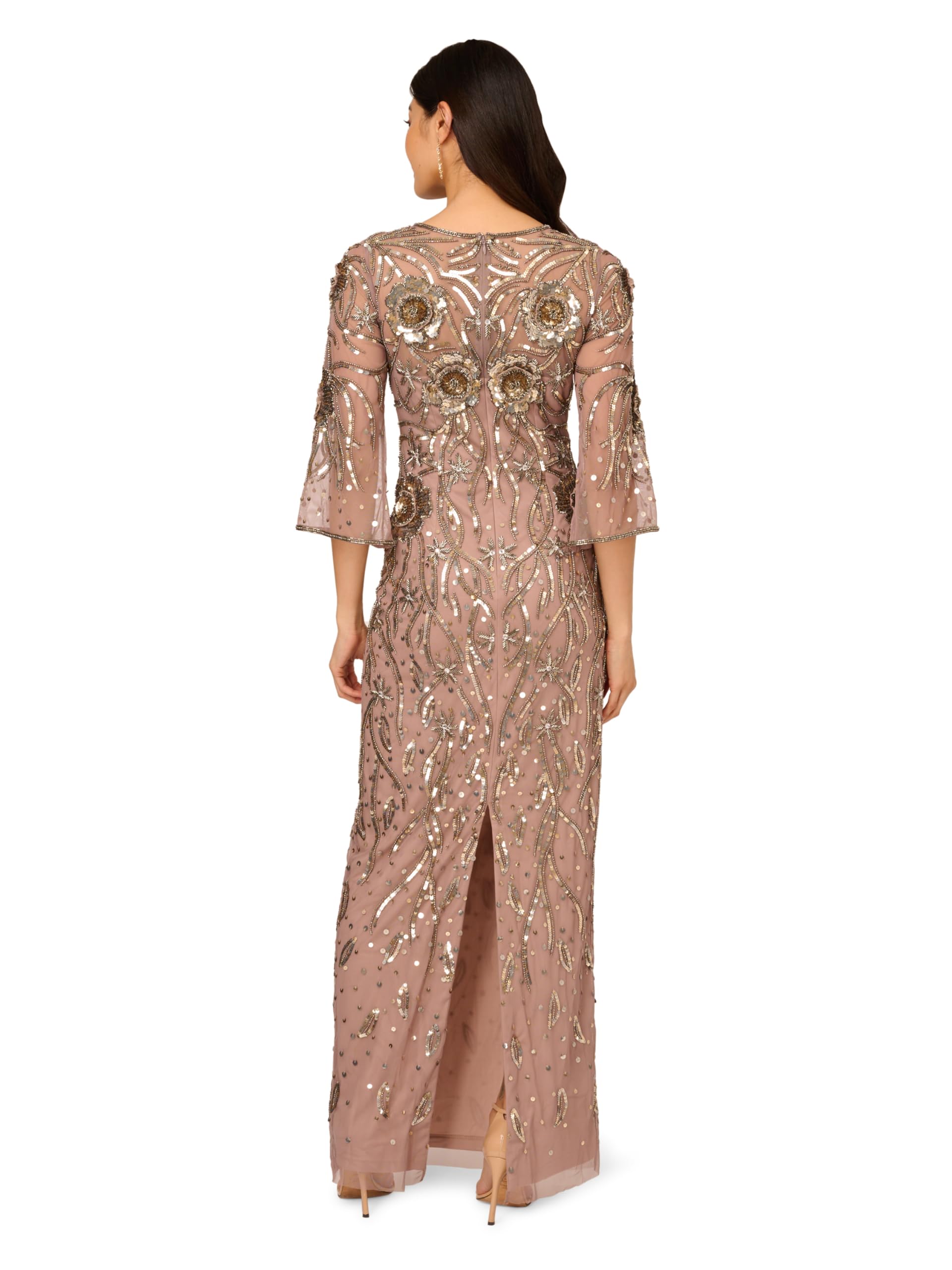 Adrianna Papell Women's Elegant Beaded Mesh Long Evening Gown for Prom, Wedding & Formal Events
