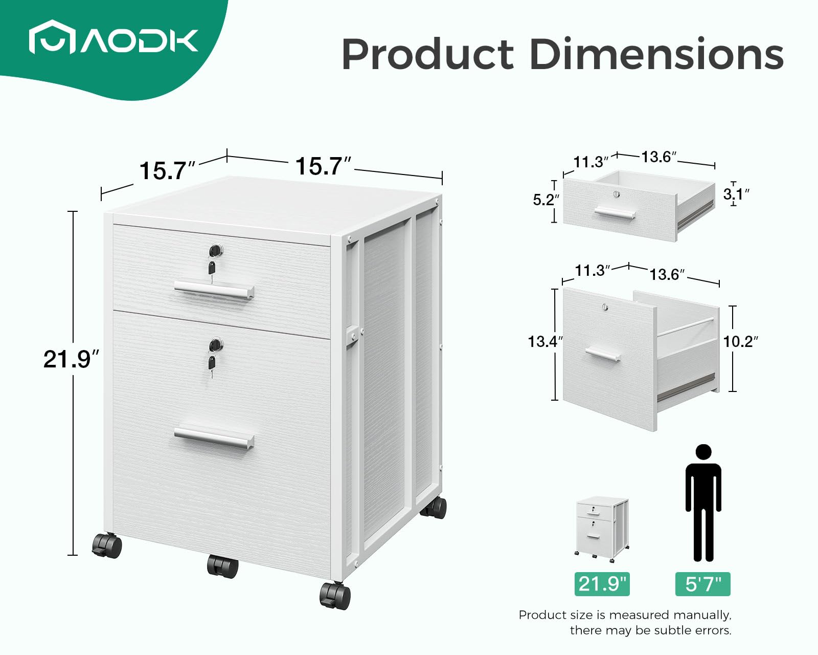 AODK 2-Drawer File Cabinet for Home Office - Fully Assembled Locking Filing Cabinet with Wheels, White - Organize A4/Letter Documents in Style | Perfect for Small Spaces & Office Storage Solutions