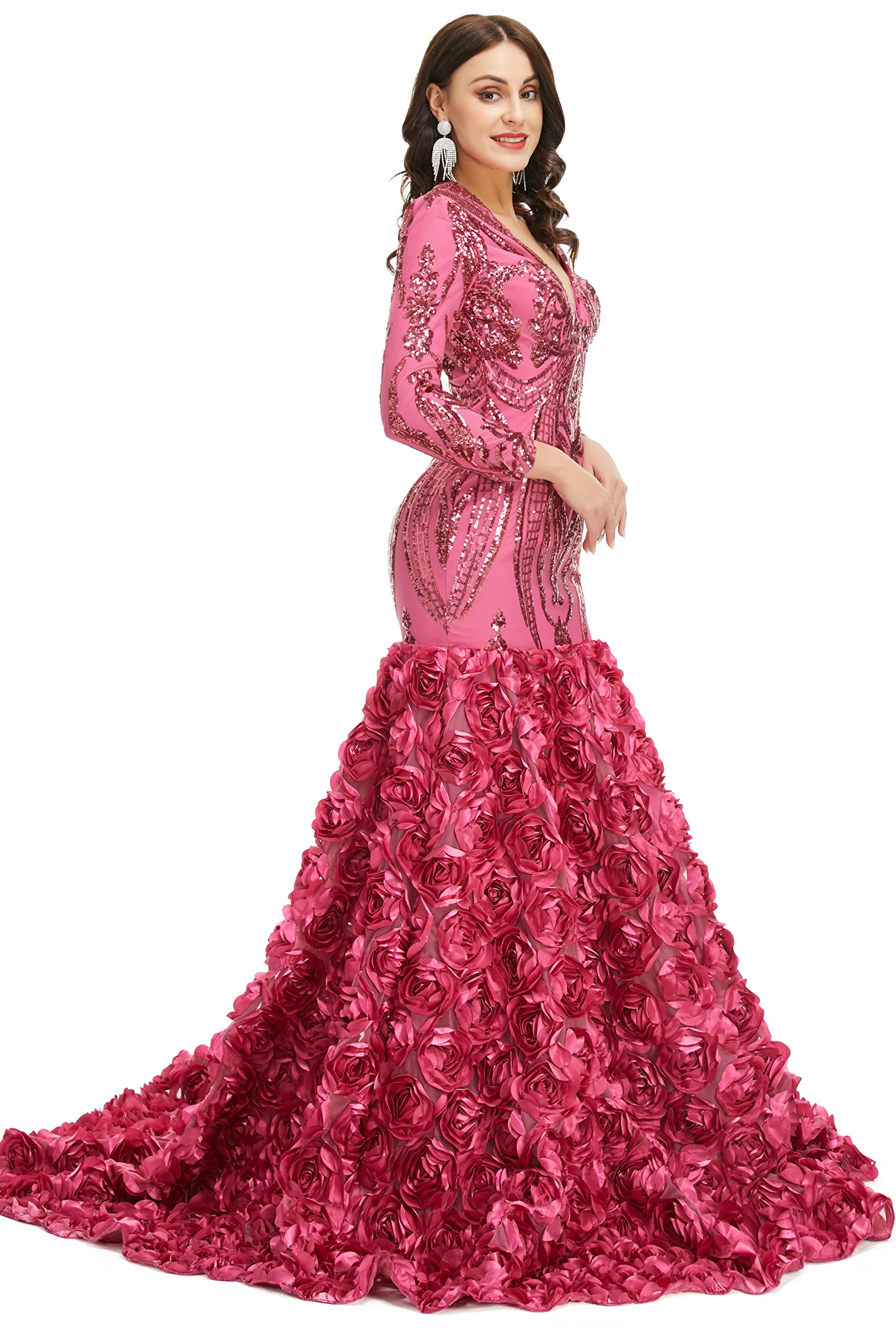 Elegant Women's Long Sleeve V-Neck Rose Sequin Mermaid Evening Dress for Prom, Party & Special Occasions