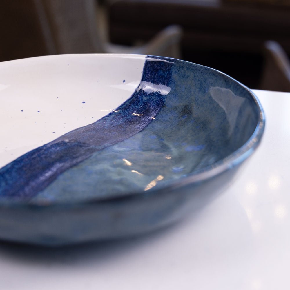 Large Stoneware Decorative Serving Bowl - Handcrafted Blue and White Ceramic Bowl for Fruit, Salad, Pasta | Perfect for Dining Table Centerpiece, Kitchen Decor, and Gift Giving