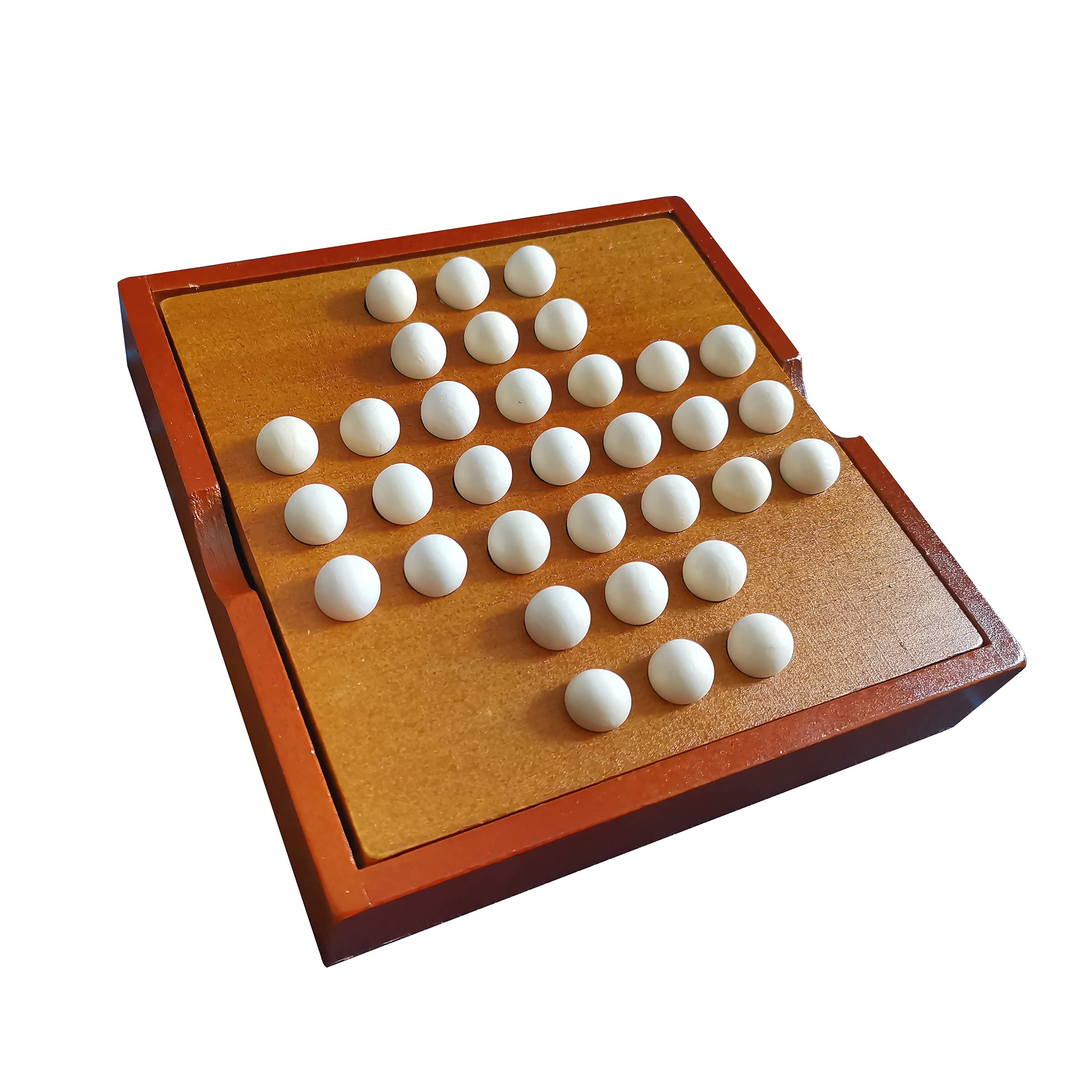 Wooden Peg Solitaire Board Game with 33 Marbles - Classic Jumping Marbles Puzzle Game for Adults & Kids - Built-in Storage - Perfect for Family Game Night, Travel & Brain Training