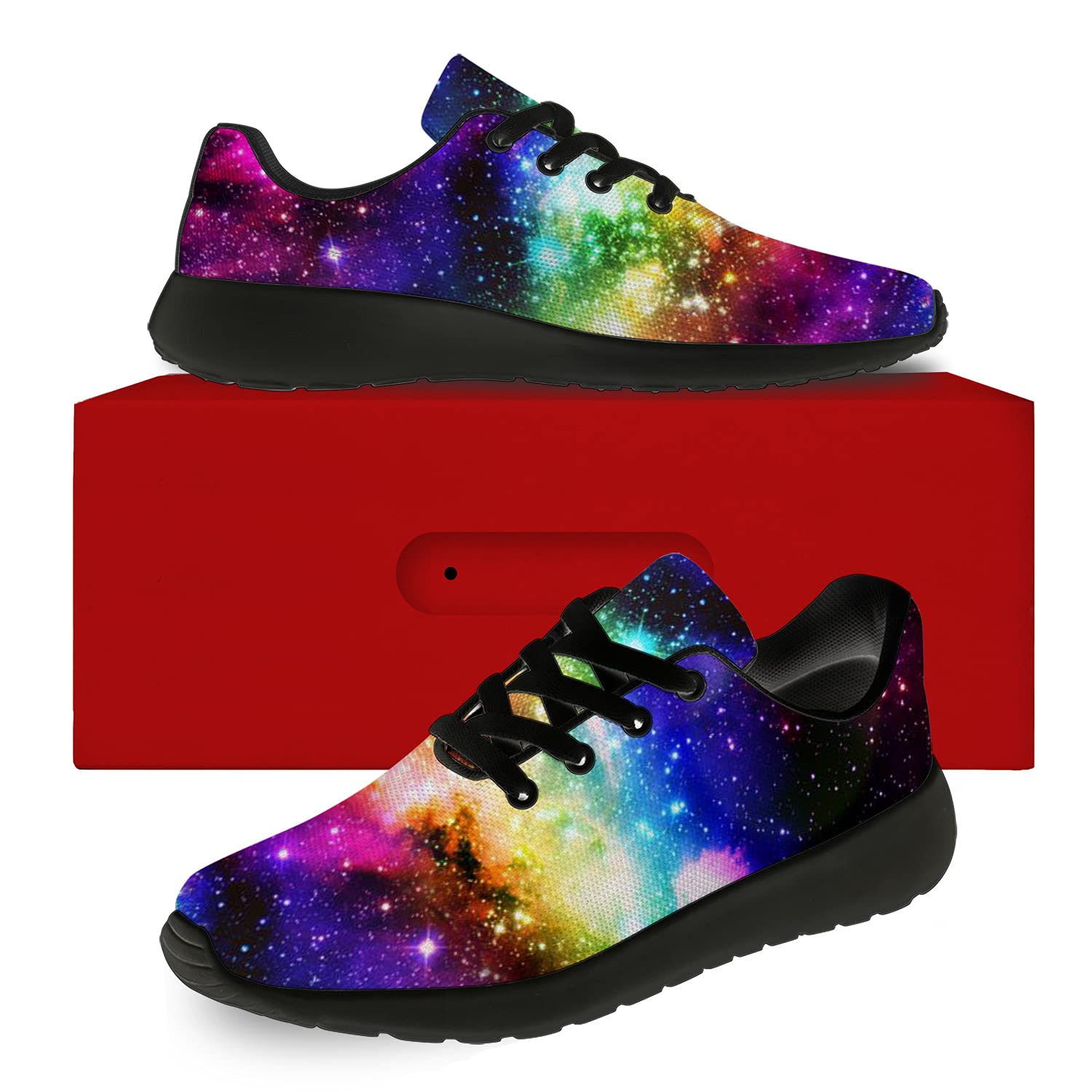 Galaxy Print Running Shoes for Men & Women - Lightweight Walking & Tennis Sneakers with Rainbow Nebula Cosmos Design - Perfect Gifts for Boys & Girls - Size 13 Men/15.5 Women Black - Ideal for Jogging, Gym Workouts & Casual Wear