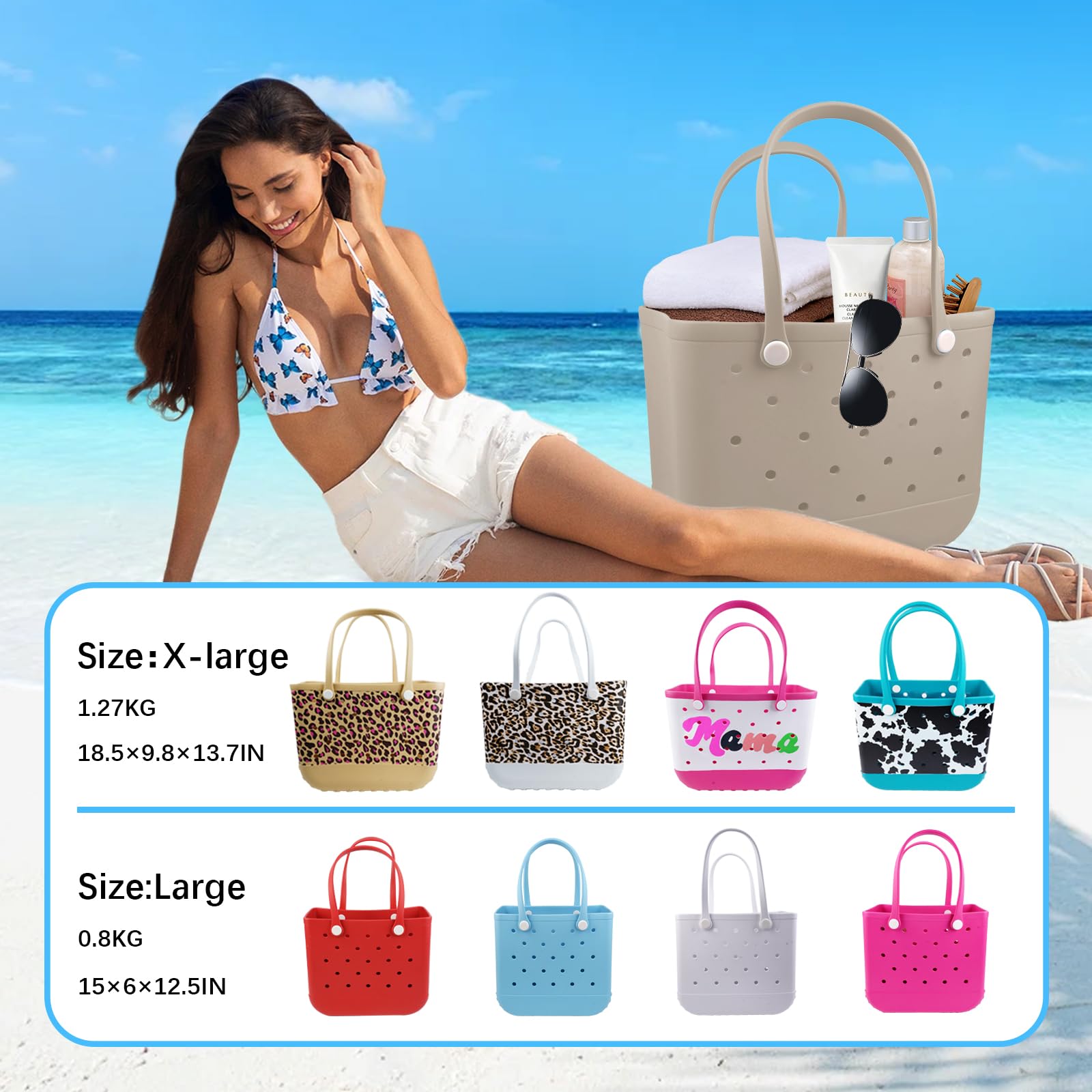 Waterproof Rubber Beach Tote Bag with Zipper Pocket & Phone Pouch - Durable Washable Open Purse for Women - Perfect for Pool, Boat, Beach Vacation & Summer Travel Accessories