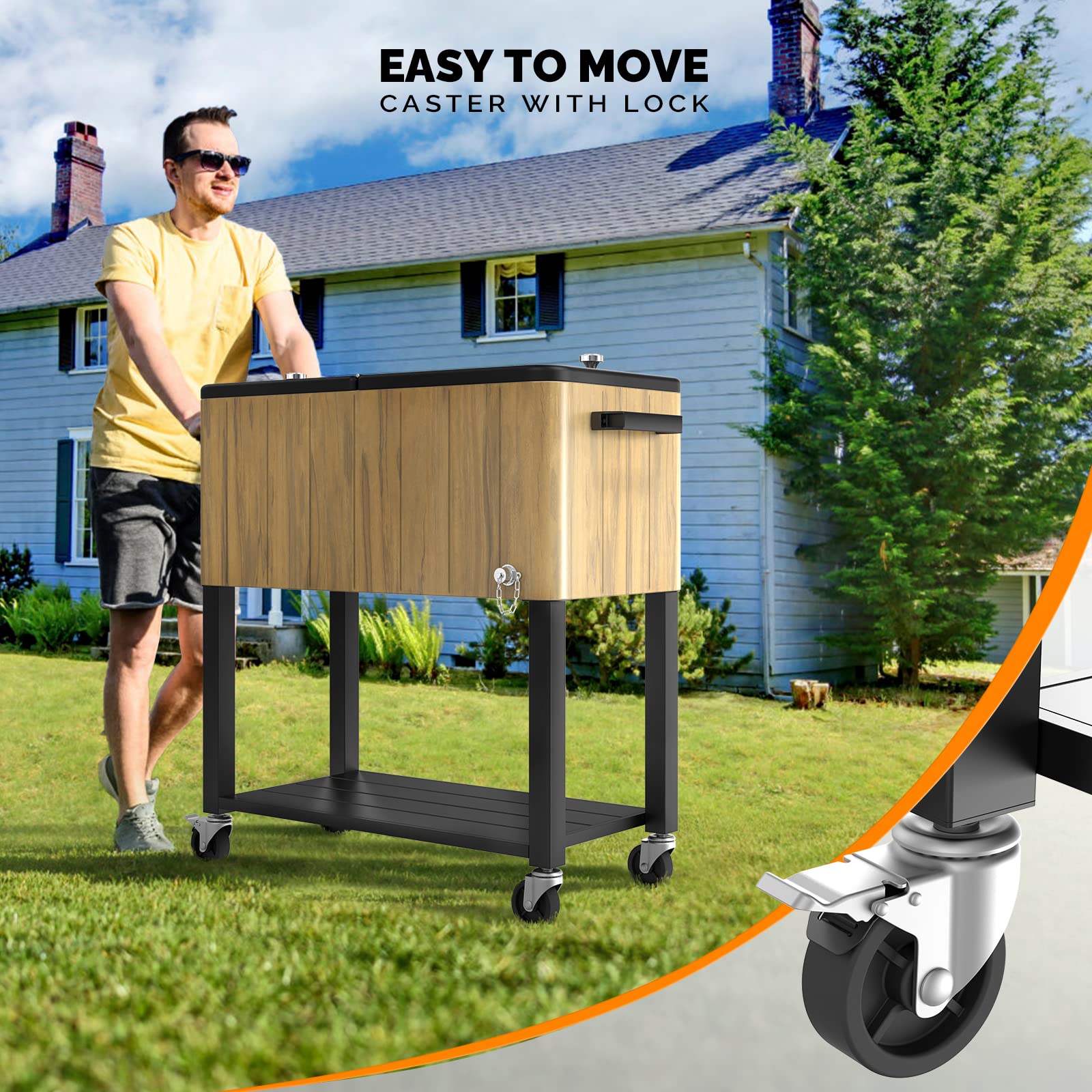 VINGLI 80 Quart Rolling Cooler with Wheels - Heavy Duty Outdoor Ice Chest for Camping, Beach, Tailgating & Backyard Parties - Portable Beverage Cart for Patio, Deck & Picnic Use