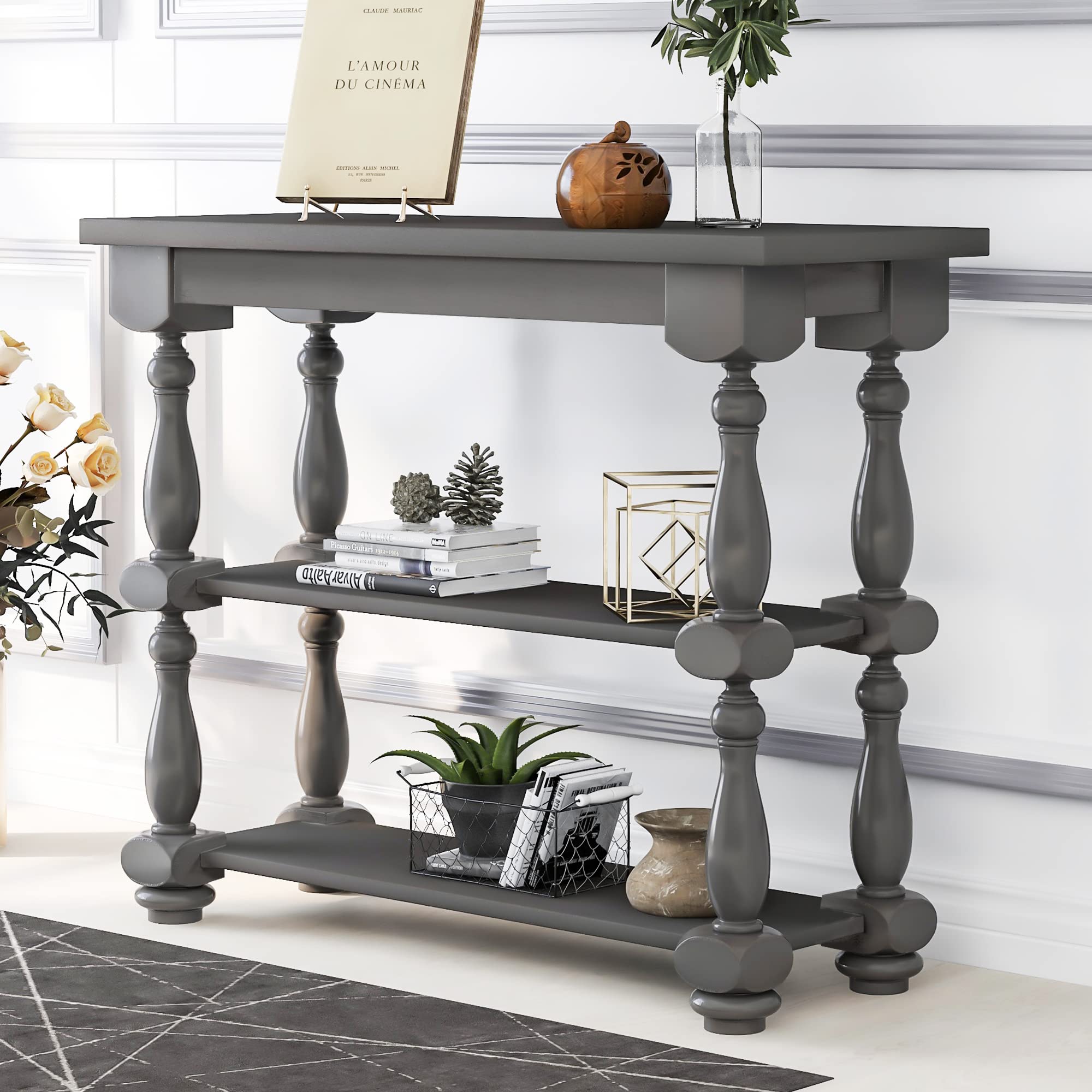 Modern Wood Accent Table with 2 Shelves - Sofa Console Table, Hallway Side Table, Living Room & Bedroom End Table - Grey MDF for Home Decor & Small Space Organization