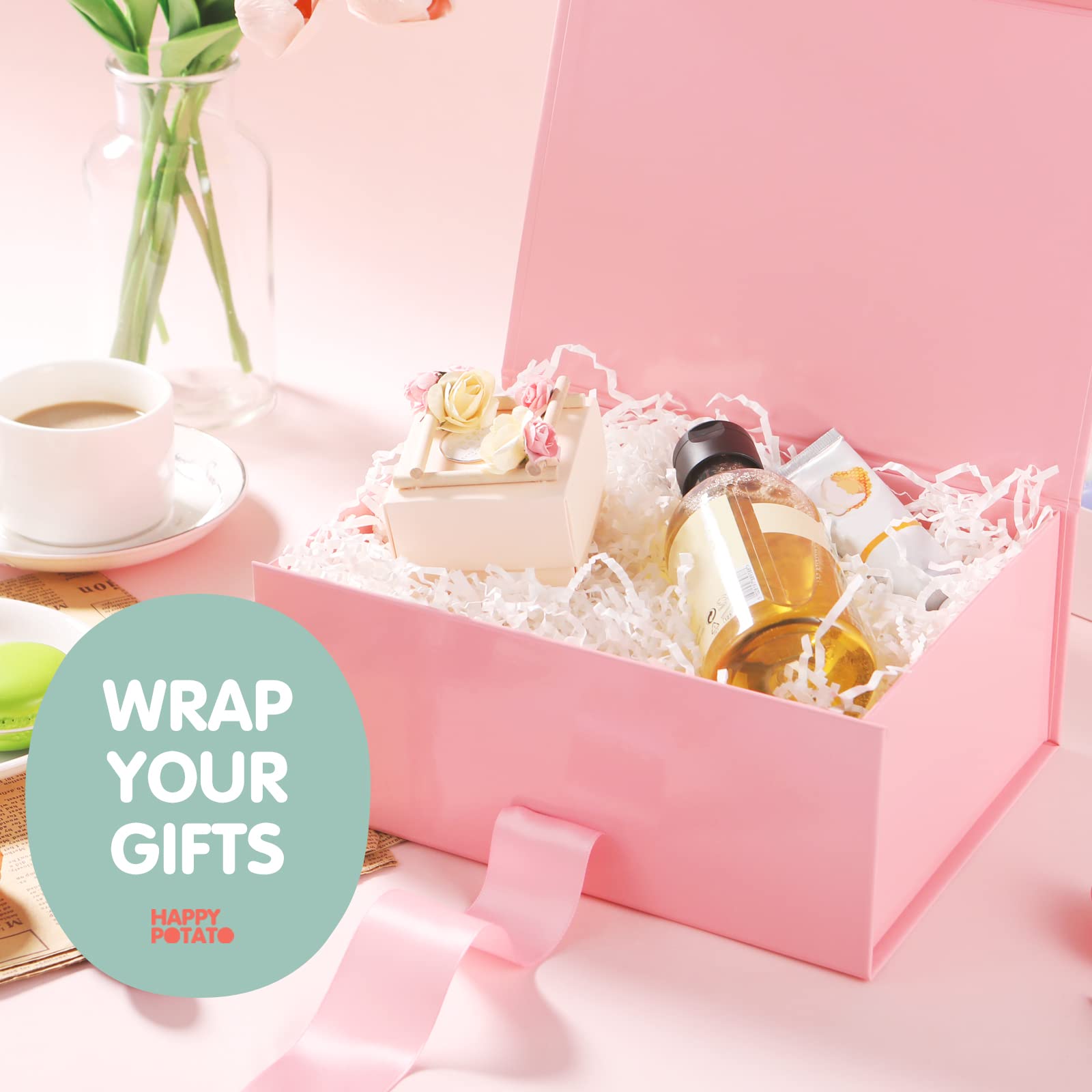 Valentine's Day Gift Box with Ribbon - 9x6.5x3.8 Inch Pink Magnetic Bridesmaid Proposal Box with Lid - Perfect for Wedding Party Favors, Anniversary Gifts & Special Occasion Presents (Glossy Pink)