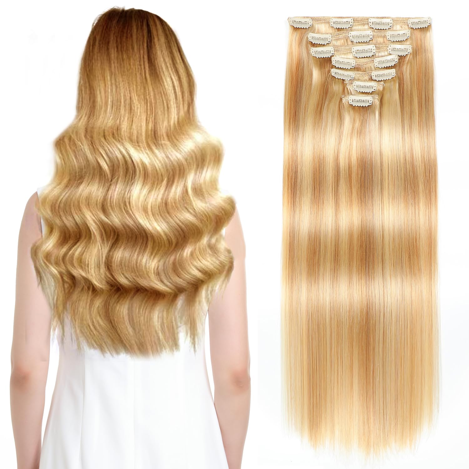 Clip-in Hair Extensions 16 Inch Straight - 7pcs 140g Real Human Hair Blonde Double Weft | Natural Look for Daily Wear, Parties & Special Occasions