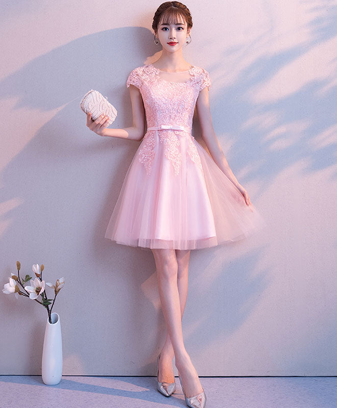 Elegant Pink Round Neck Tulle Lace Short Prom Dress for Homecoming Party | Formal Dance, Sweet 16, Quinceañera, Evening Gown