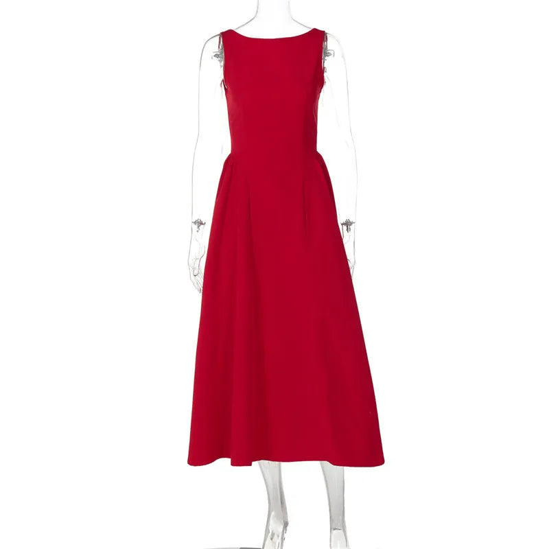Elegant Backless A-Line Maxi Dress for Women - Solid Color O-Neck Sleeveless Long Gown with High Waist - Perfect for Beach Vacations, Summer Parties & Date Nights