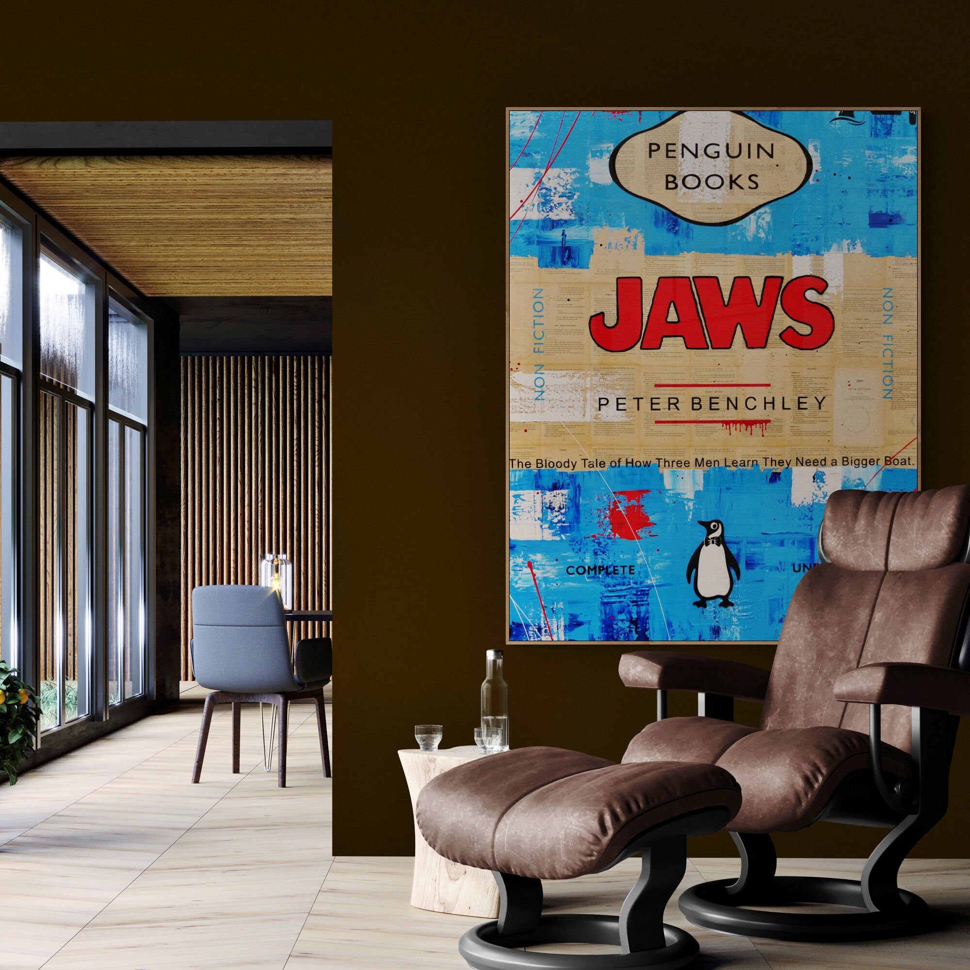 Jaws 140cm x 100cm Urban Pop Art Book Club Wall Painting - Perfect for Movie Themed Decor, Home Theater, or Office Wall Art