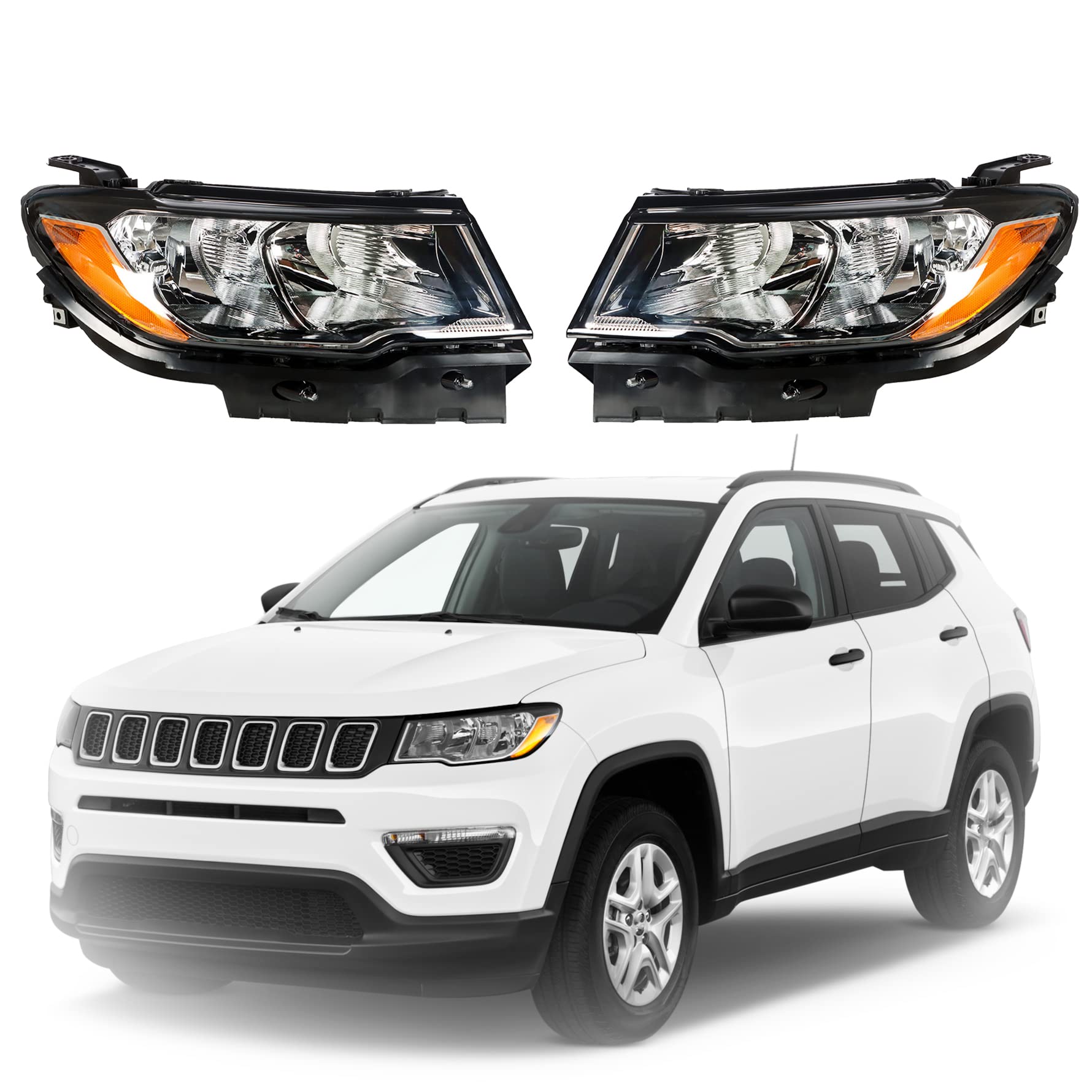 Halogen Headlight Assembly Replacement for 2017-2021 Jeep Compass - Driver & Passenger Side Headlamp Pair - Factory Style Lighting for Off-Road & Night Driving