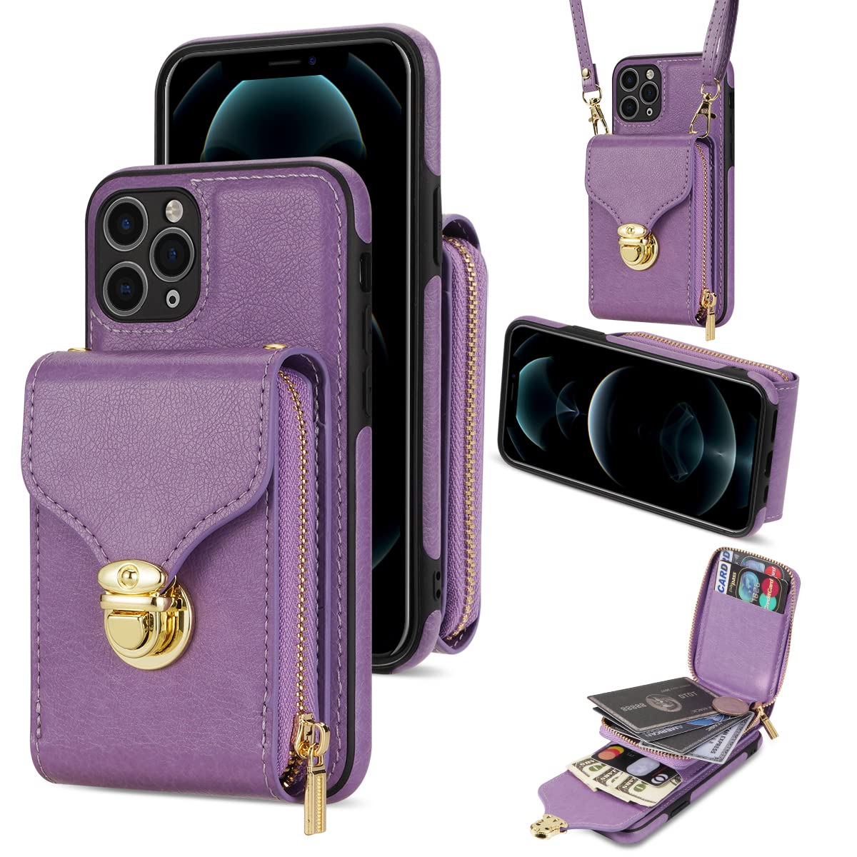 Premium Leather Wallet Case with Crossbody Strap & Card Holder for iPhone 13 Pro (6.1