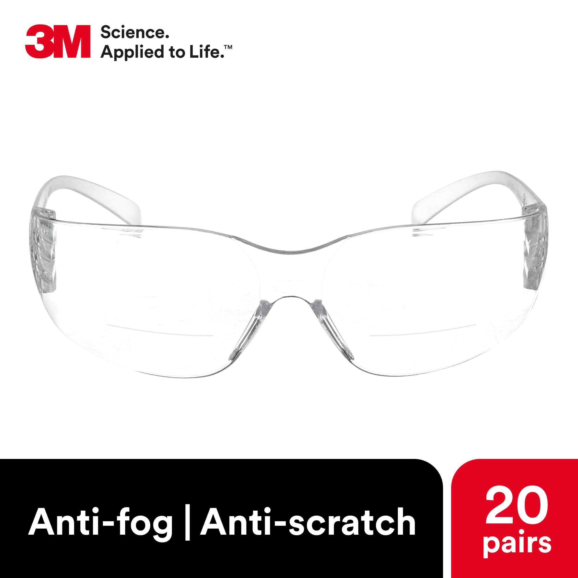 3M Virtua Safety Glasses +2.5 Diopter Readers - Pack of 20, ANSI Z87.1 Certified, Anti-Fog Clear Lens & Frame - Perfect for Construction, Lab Work & DIY Projects