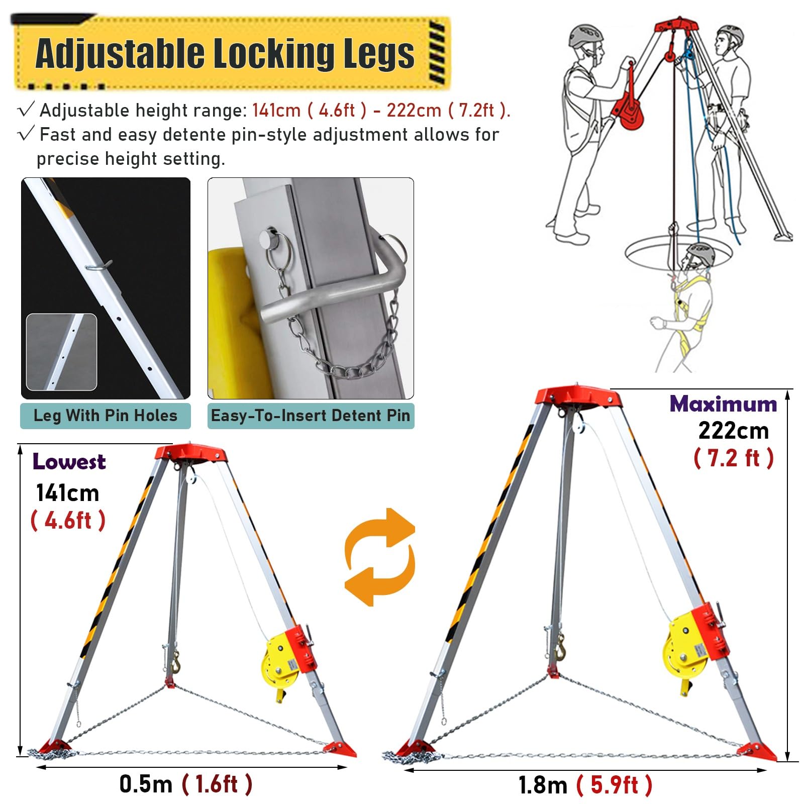 HPTHLY Confined Space Tripod Kit with Self-Locking Winch & Safety Harness - Adjustable Legs (32'/49'/65'/98' Fall Arrester) for Wellhead Fire Rescue, Pipe Repair & Sewer Cleaning - Includes Carrying Bags for Easy Transport & Storage