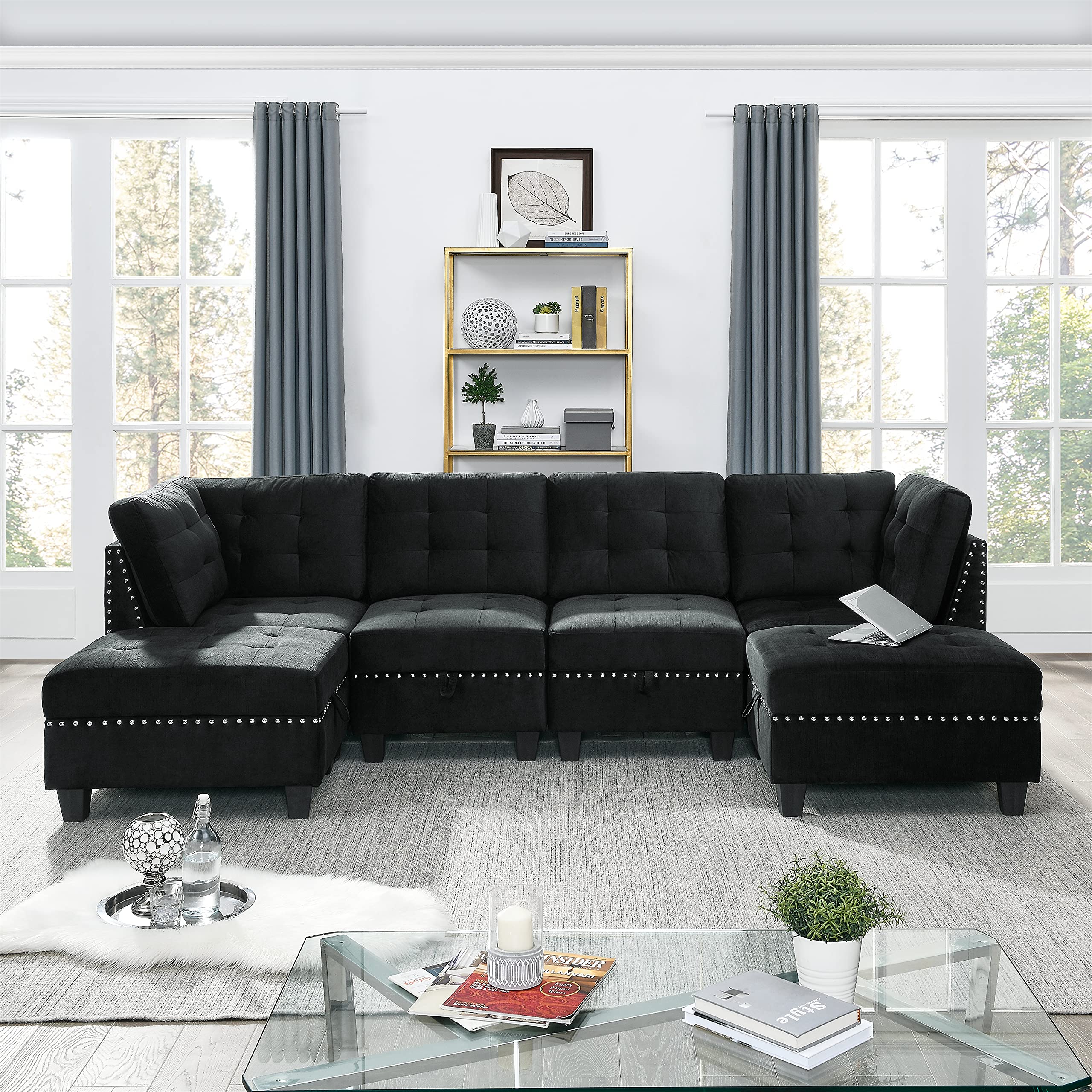 Modular Sectional Sofa Set - DIY Combination Black Sofa Couch with Copper Nails & Tufted Design for Living Room (2 Single Chairs + 2 Corner Pieces + 2 Ottomans) | Perfect for Small Spaces, Home Theater & Family Gatherings