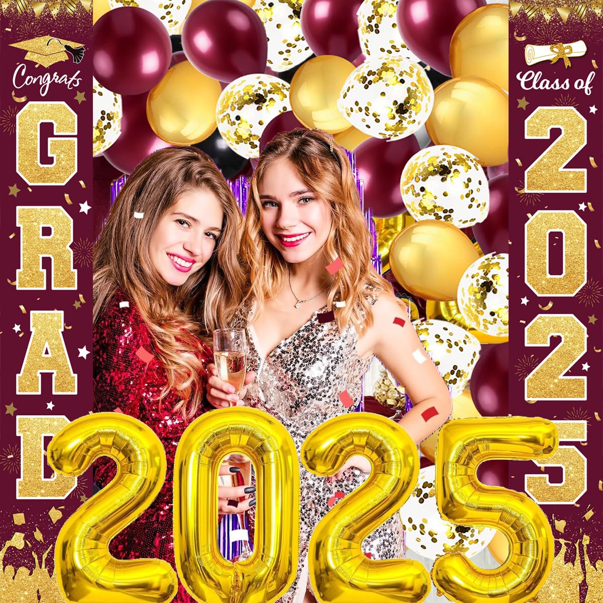 2025 Graduation Party Decorations - Maroon & Gold Burgundy Theme for FSU, ASU Class of 2025 | Congrats Grad Porch Sign, Balloons & Party Supplies | Perfect for Graduation Ceremonies, Home Decor & Outdoor Celebrations