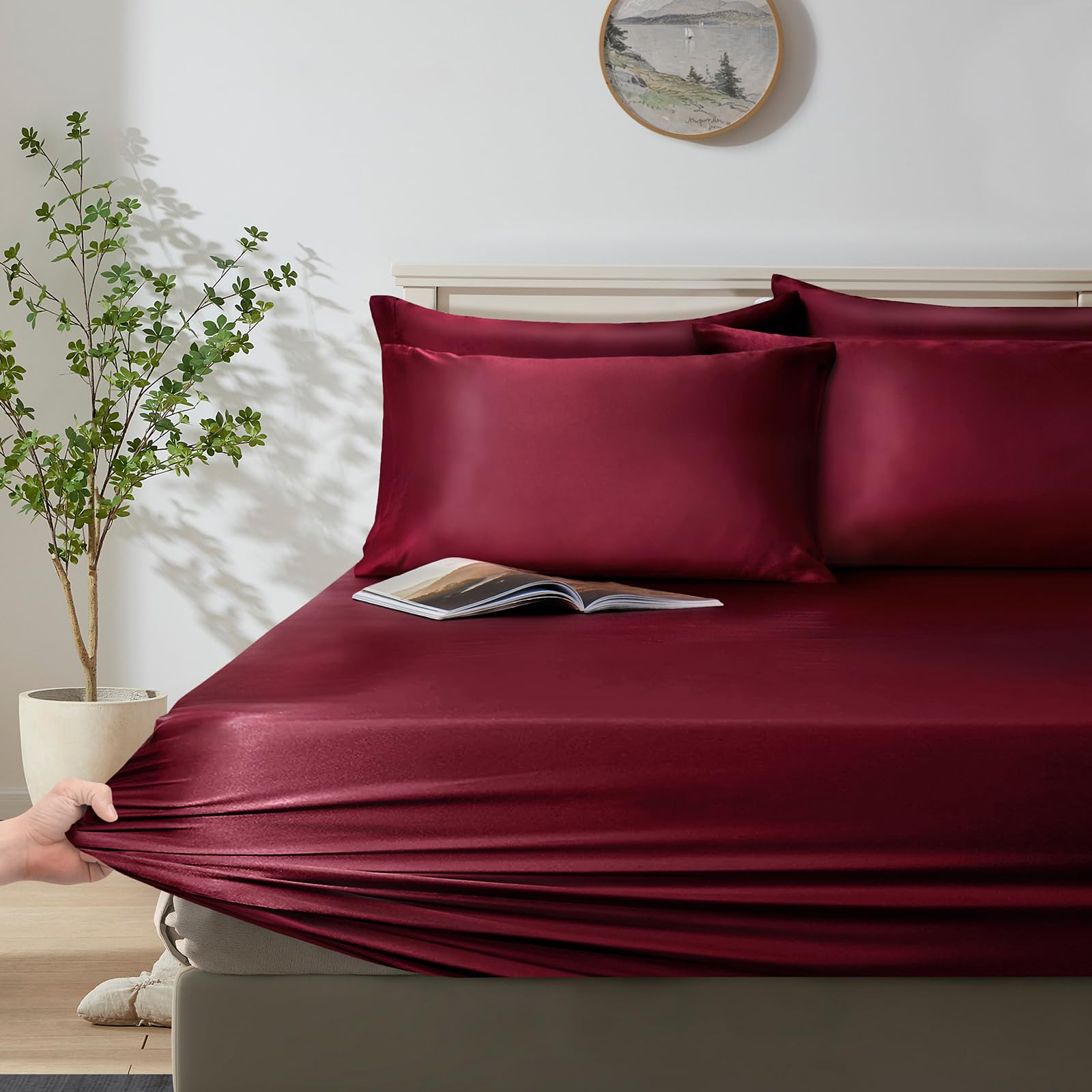 6Pcs Maroon Satin Duvet Cover Set Queen Size - Soft Cooling Comforter Cover with Fitted Sheet & Pillowcases for Luxurious Bedroom Decor