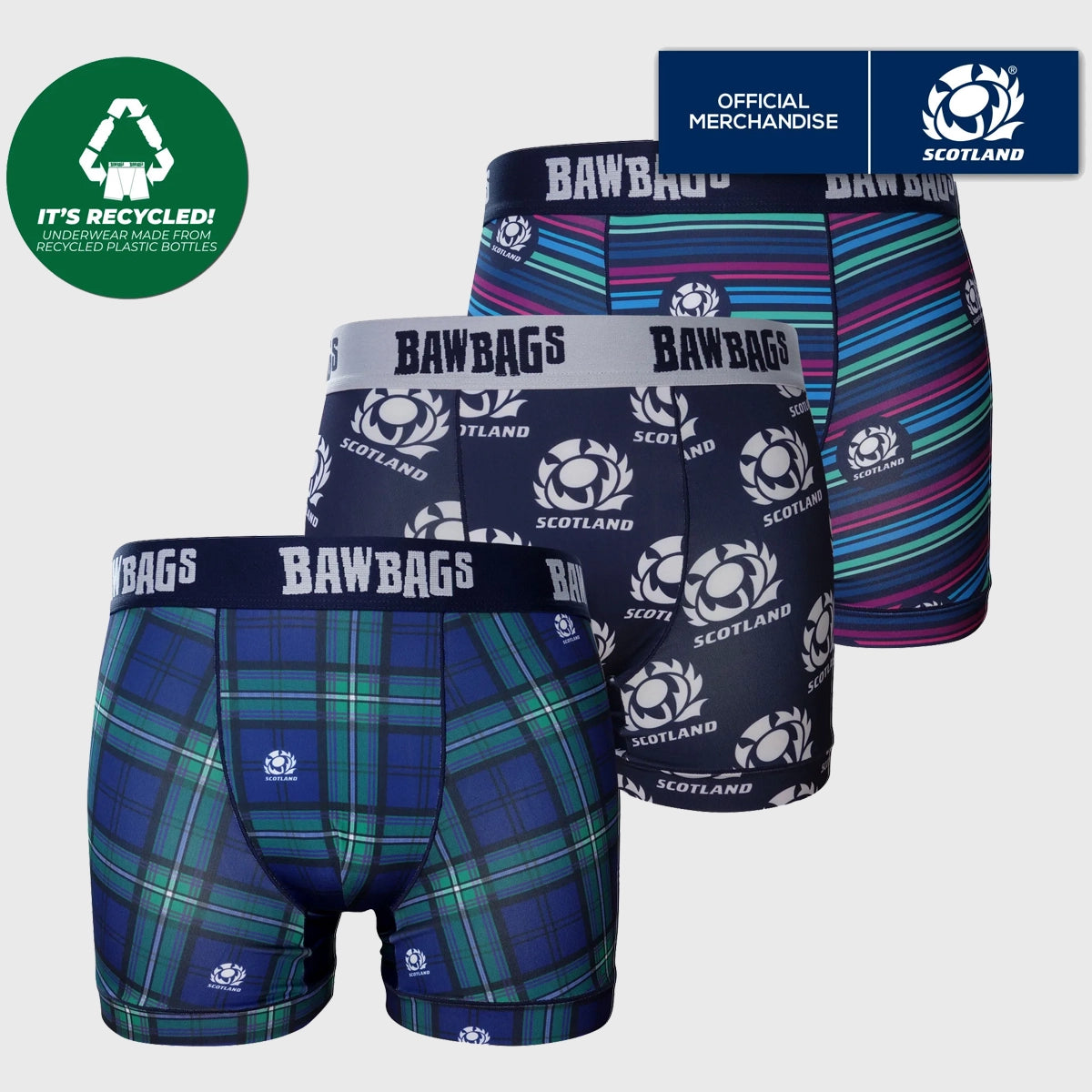 Bawbags Scotland Rugby 3 Pack Technical Boxer Shorts - Moisture Wicking, Breathable Underwear for Sports & Everyday Comfort - Perfect for Rugby, Gym & Active Lifestyles
