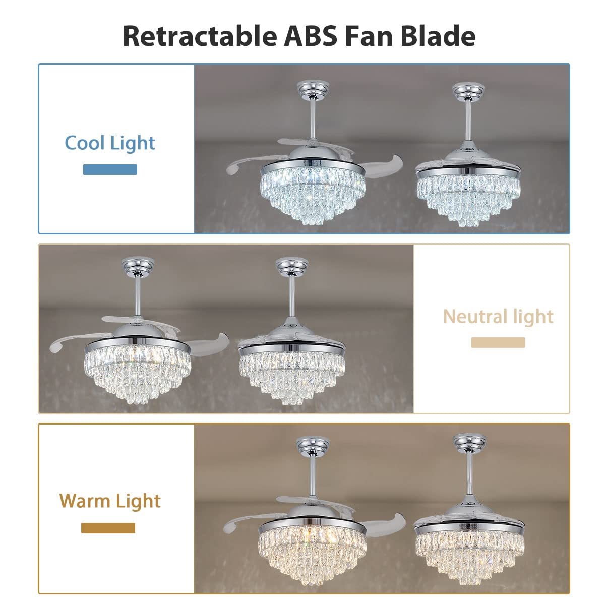 CLAIRDAI 42 Inch Modern Crystal Ceiling Fan with Light - Invisible Fandelier, Ultra Quiet Motor, Timer & Memory Function, Dimmable LED - Perfect for Bedroom, Dining Room, Living Room & Office Spaces