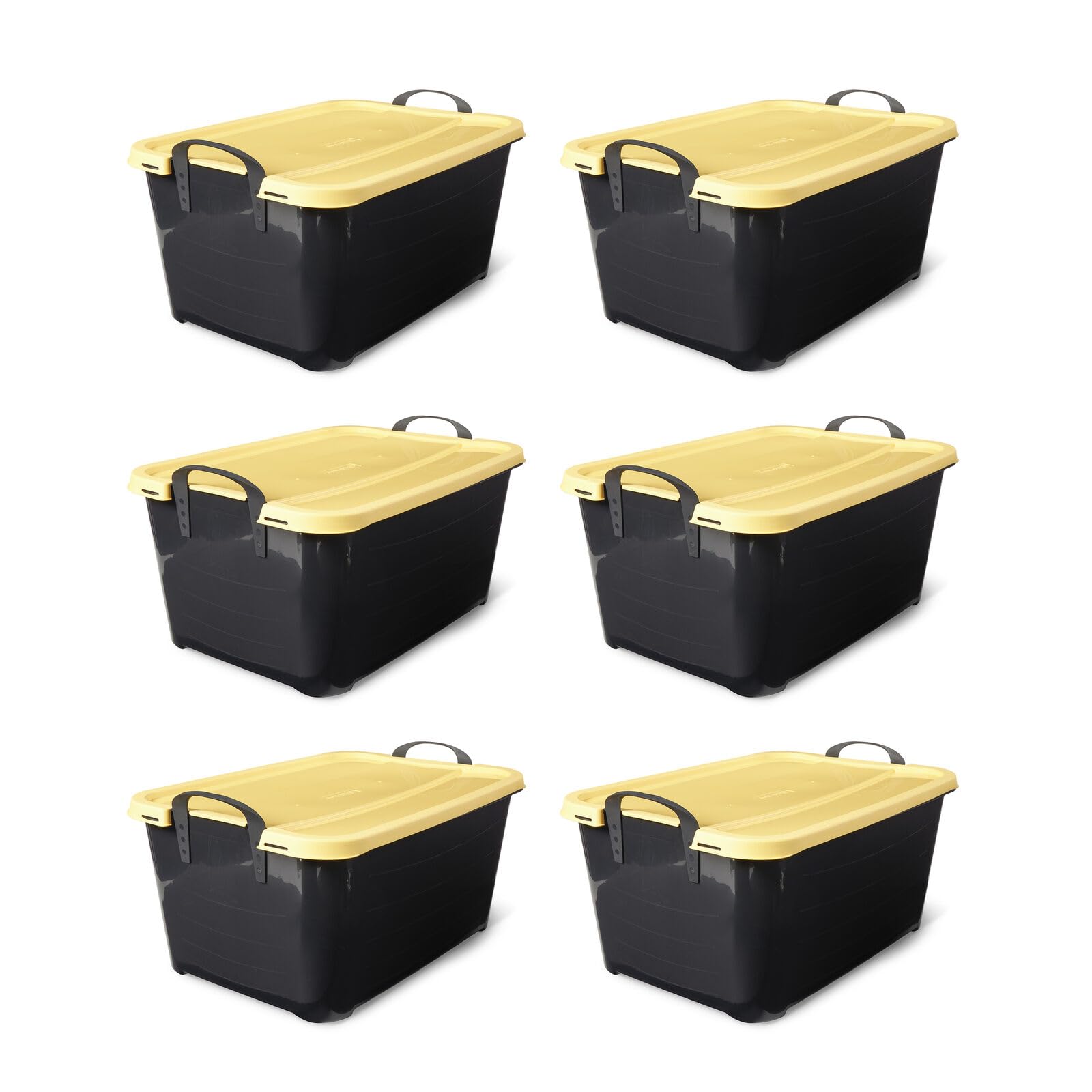 55 Quart Stackable Plastic Storage Bins with Lids - 6 Pack Black & Yellow for Closet, Laundry Room, Garage & Home Organization | Space-Saving Storage Solution for Clothes, Toys & Household Items