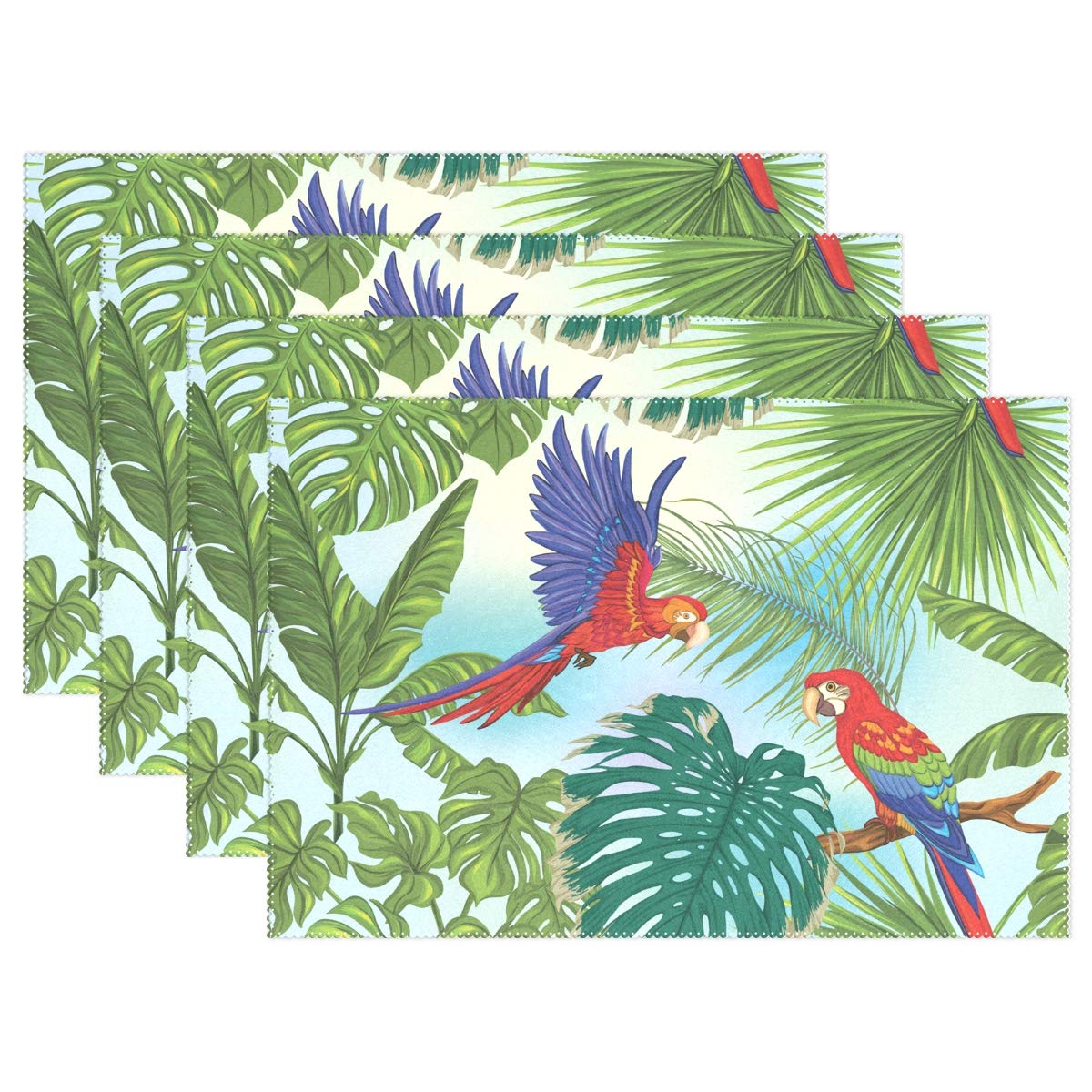 MOYYO Tropical Plants Parrot Placemats - Set of 4 Heat-Resistant Non-Slip Polyester Table Mats, Washable & Easy Clean for Kitchen Dining Decor | Perfect for Bird Lovers, Tropical Theme Parties & Everyday Meals