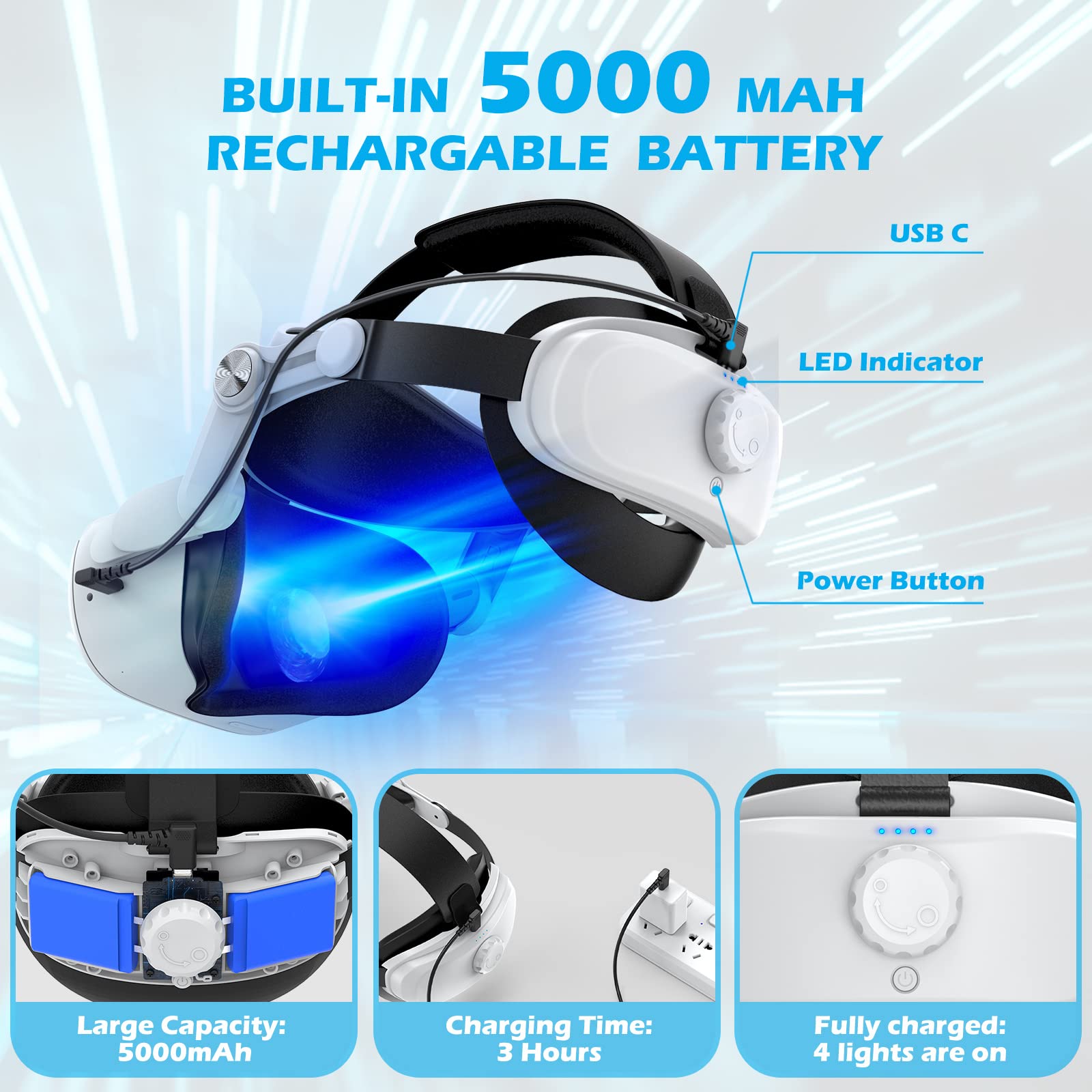 YOGES Rechargeable Battery Head Strap for Oculus Quest 2 - Adjustable VR Headset Accessory with Extended Playtime, Super Soft Foam & Skin-Friendly PU Leather (White) - Perfect for Long VR Gaming Sessions & Enhanced Comfort