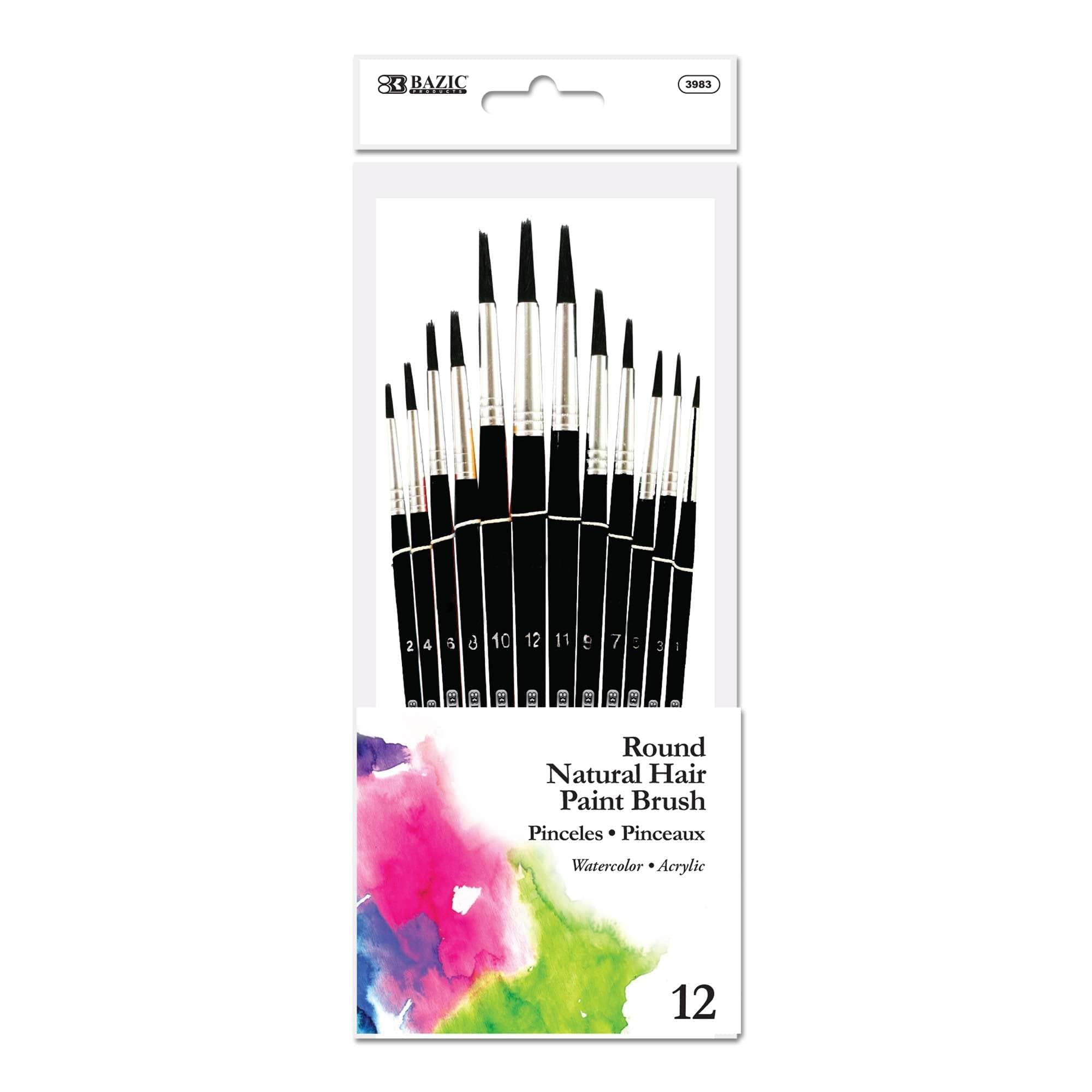 Bazic Products 3983 Round Natural Hair Paint Brushes - Pack of 12 for Acrylic, Watercolor & Oil Painting - Perfect for Artists, Students & DIY Craft Projects