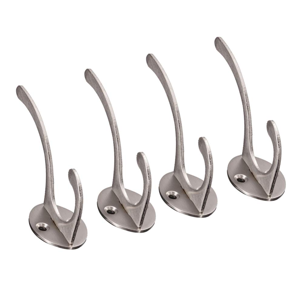 Scicalife 4-Pack Stainless Steel Double Prong Wall Hooks - Heavy Duty Coat Hangers for Hats, Towels & Clothing - Space Saving Storage Solution for Bathroom, Living Room & Kitchen - Perfect for Home Organization & Entryway Decor