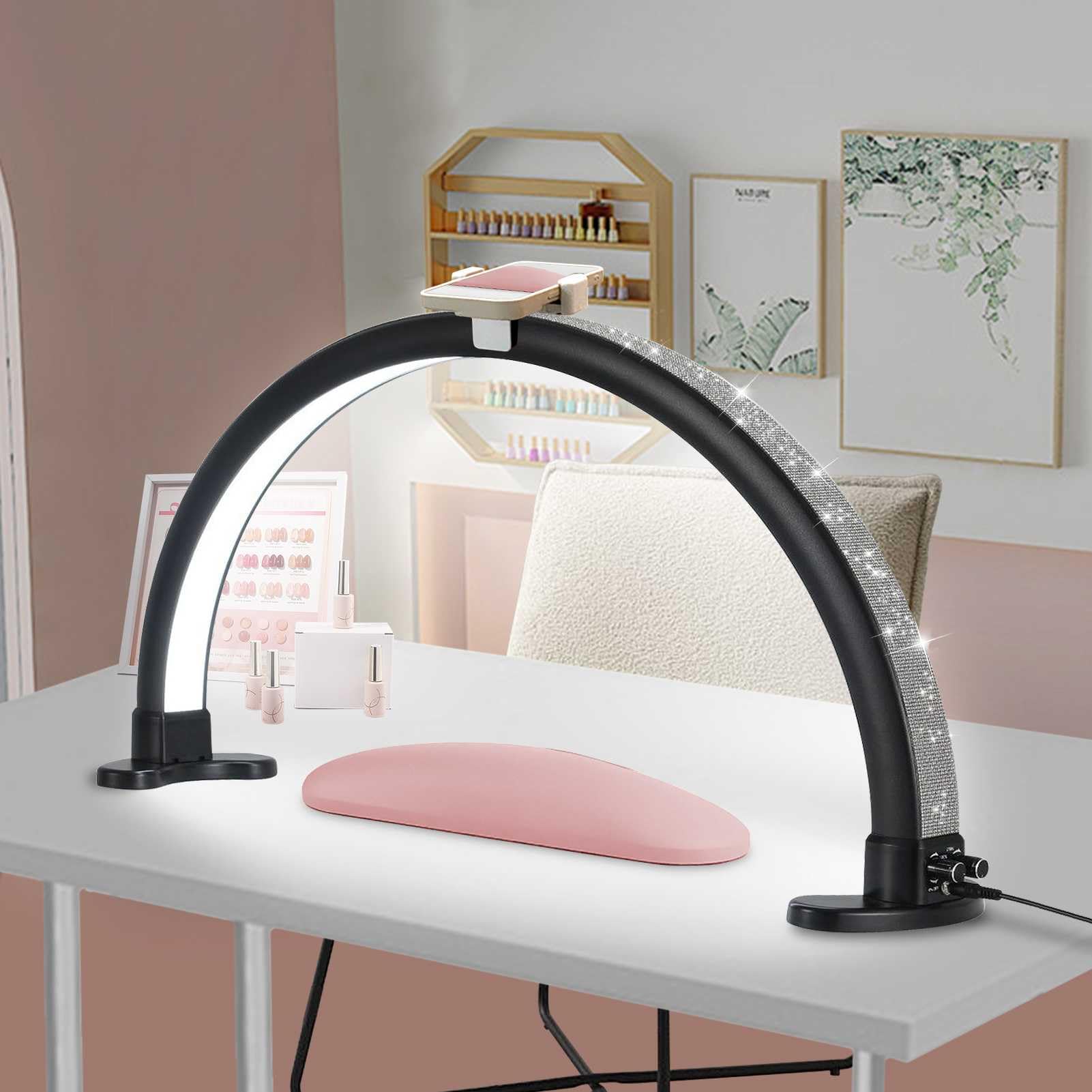 Half Moon Nail Lamp with Phone Holder - 29 Inch Adjustable Brightness (2700K-6000K) 45W Rhinestone Arch Light for Nail Technicians - Perfect for Salon Manicures, Gel Polish Curing & Nail Art Workstations