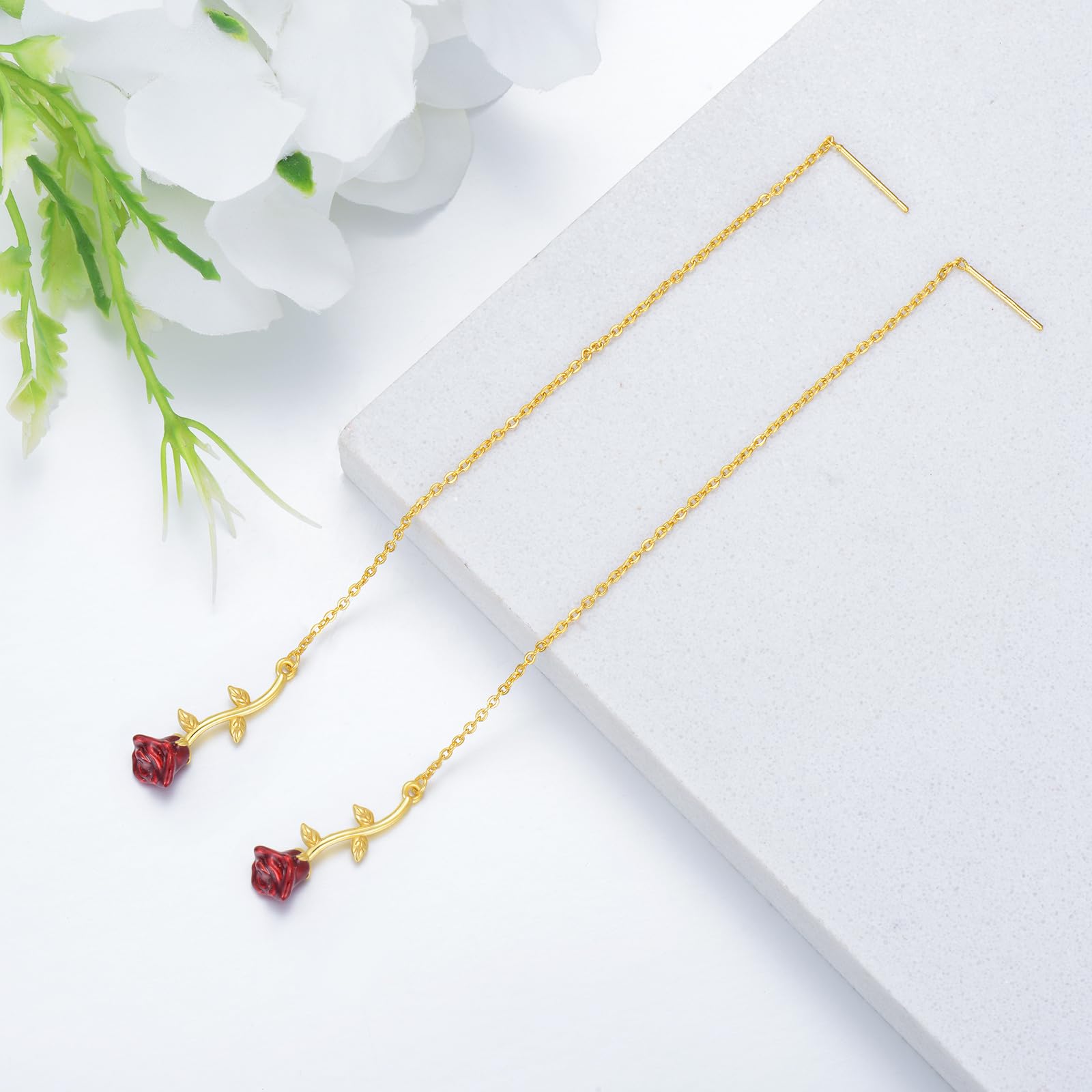 Rose Earrings for Women - Sterling Silver Rose Threader Dangle Earrings with Pull-Through Chain - Elegant Flower Jewelry Gift for Her | Perfect for Weddings, Date Nights & Special Occasions