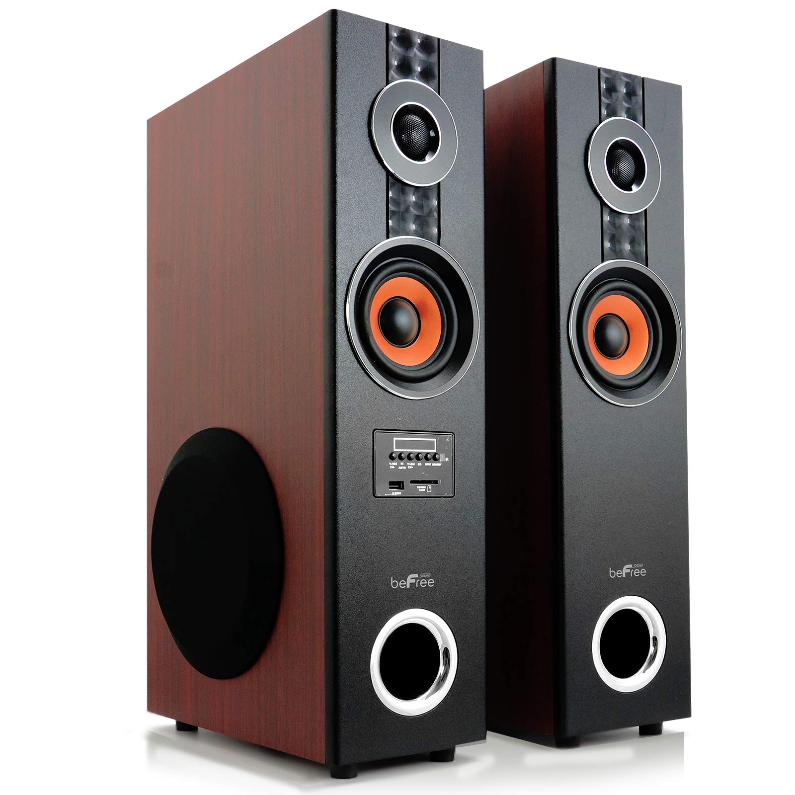 beFree Sound 2.1 Channel Bluetooth Tower Speakers with Optical Input - Dual Wood Subwoofer, Wireless Audio System for Home Theater, Gaming & Music (Brown, BFS-Tower Speaker)