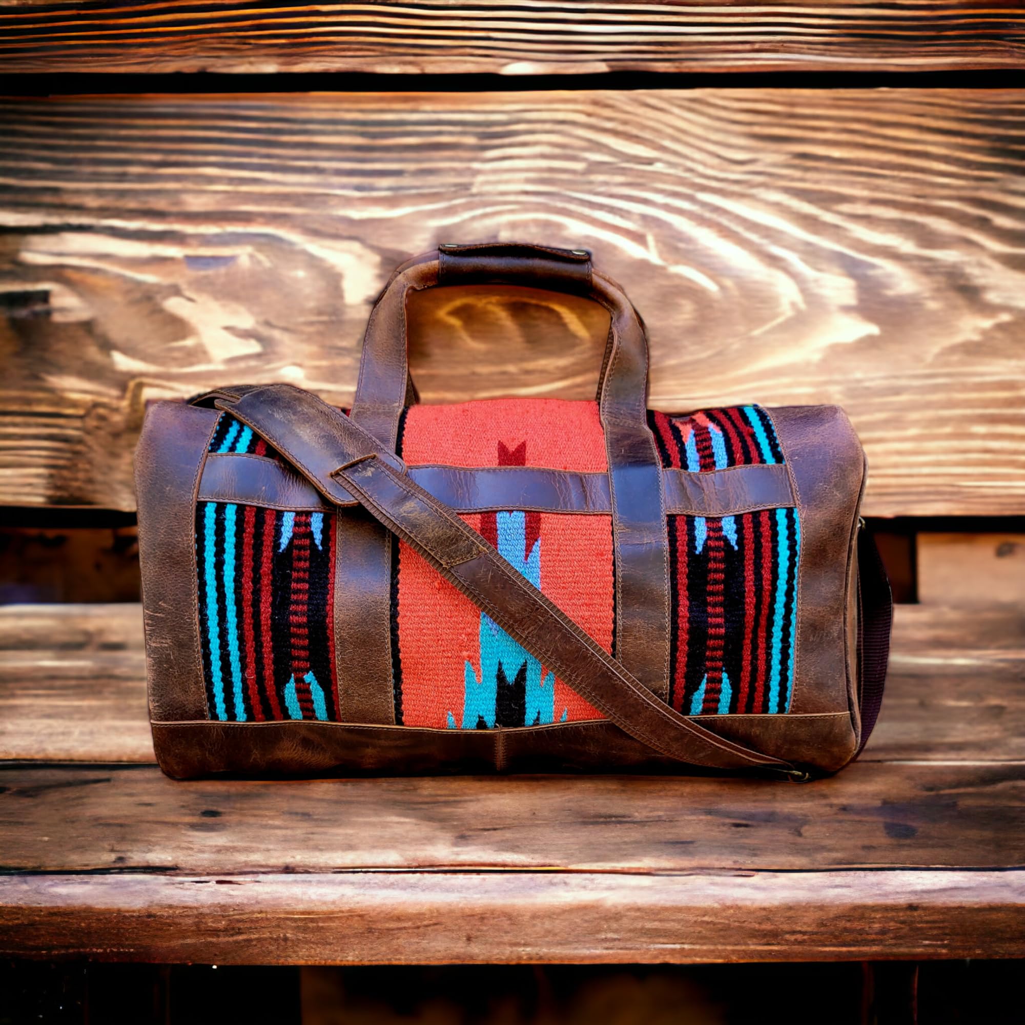 Handcrafted Vintage Brown Southwestern Leather Weekender Duffle Bag - Aztec Design, Antique Style - Perfect for Travel, Gym & Weekend Getaways (Sedona)