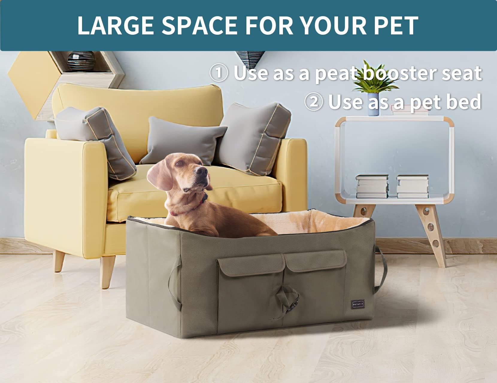 Petsfit Large Dog Car Booster Seat for Small & Medium Dogs Up to 55 lbs - 2 Big Storage Pockets - Safe Travel for Cars, Trucks & SUVs (Brown) - Perfect for Road Trips & Vet Visits