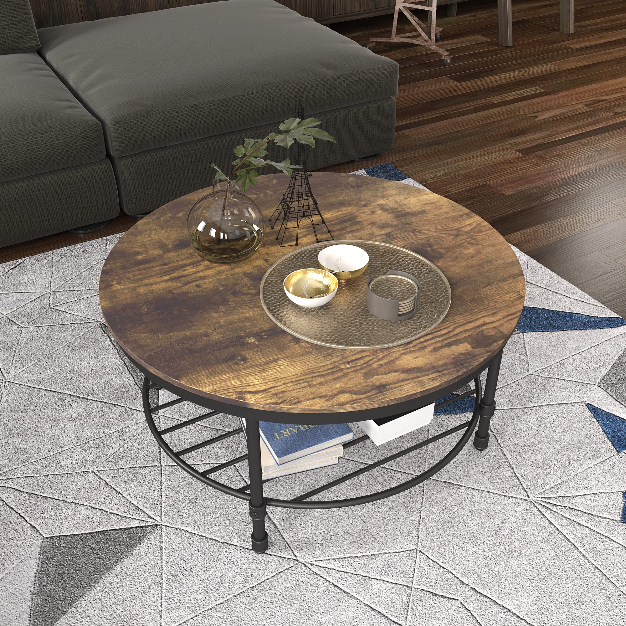 2-Tier Round Coffee Table with Wooden Top & Metal Frame - Industrial Rustic Living Room Accent Table with Storage Shelf - Retro Brown Finish for Home Decor & Small Space Organization