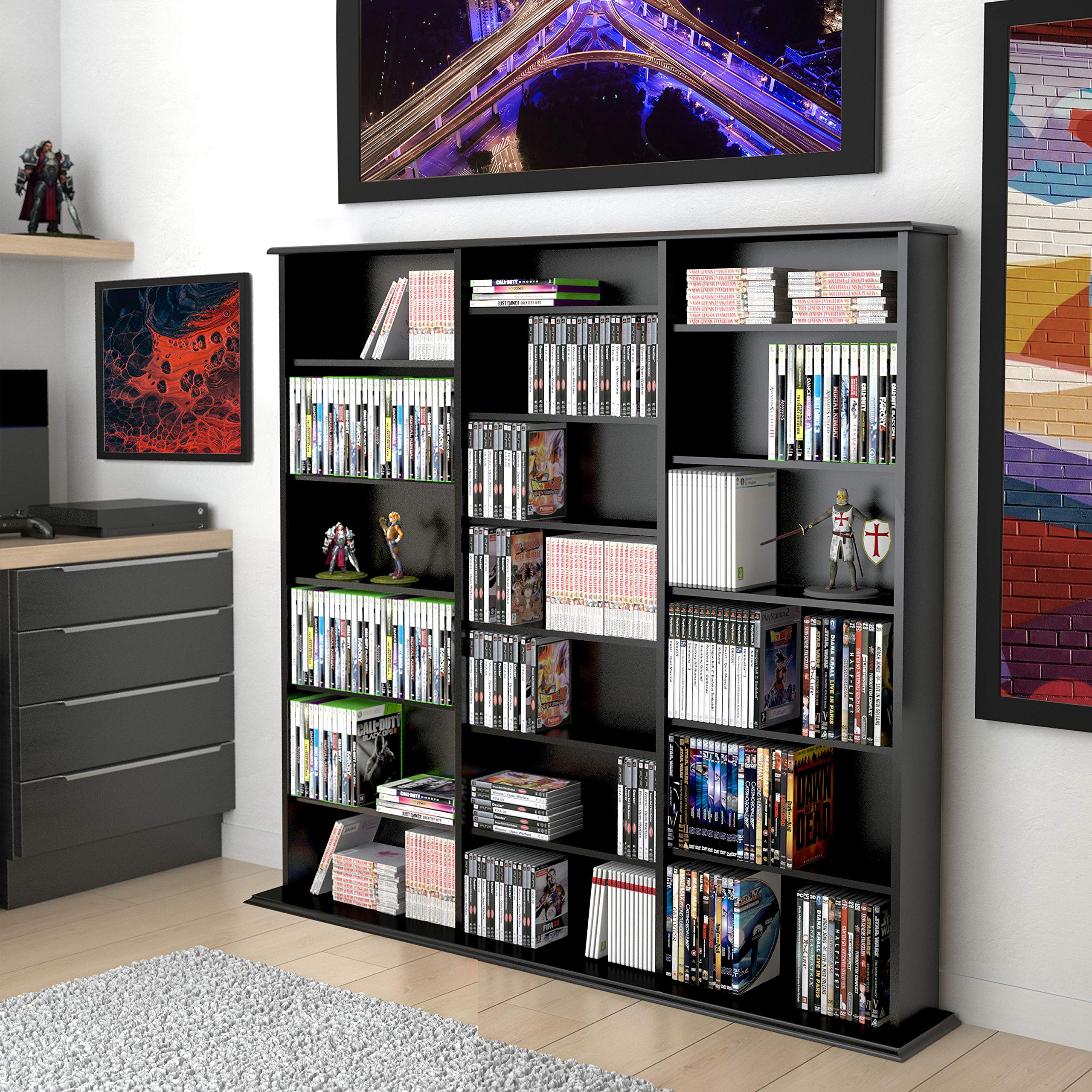 Prepac Triple Width Wall Storage Cabinet - Black Double Media Tower for DVD, CD & Game Storage | Space-Saving Organizer for Living Room, Bedroom & Home Office