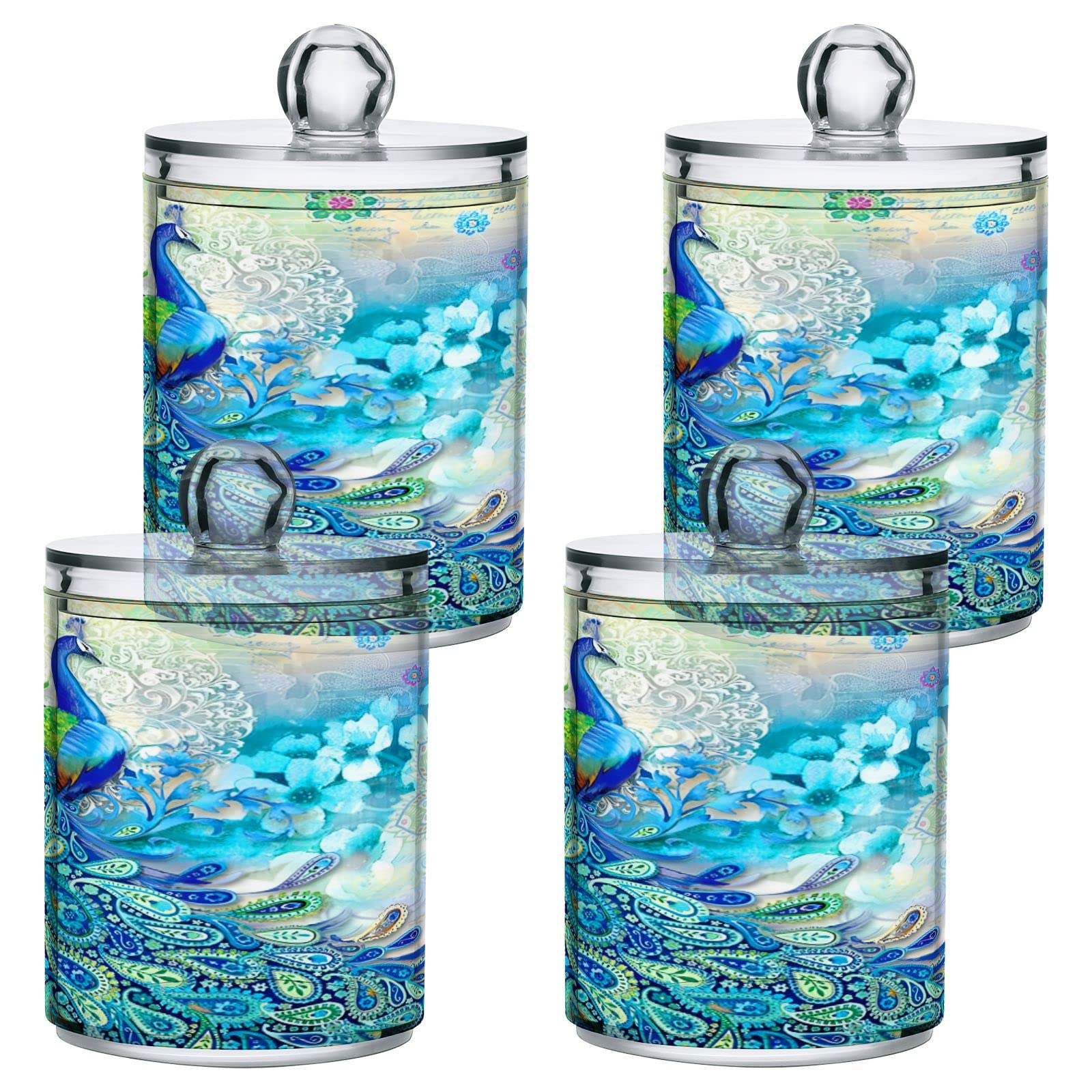 MNSRUU 2 Pack Peacock Design Q-Tip Holder & Cotton Ball Dispenser - Bathroom Storage Organizer for Cotton Swabs, Pads, Floss - Perfect for Vanity, Countertop, and Medicine Cabinet Organization