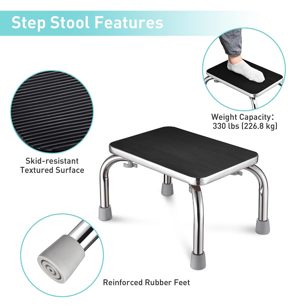 TheLAShop Chrome Steel Step Stool - 16x13x9 Inches, Heavy Duty Kitchen & Bathroom Step Ladder, Non-Slip Safety Stool for Home, Office, and Garage Use
